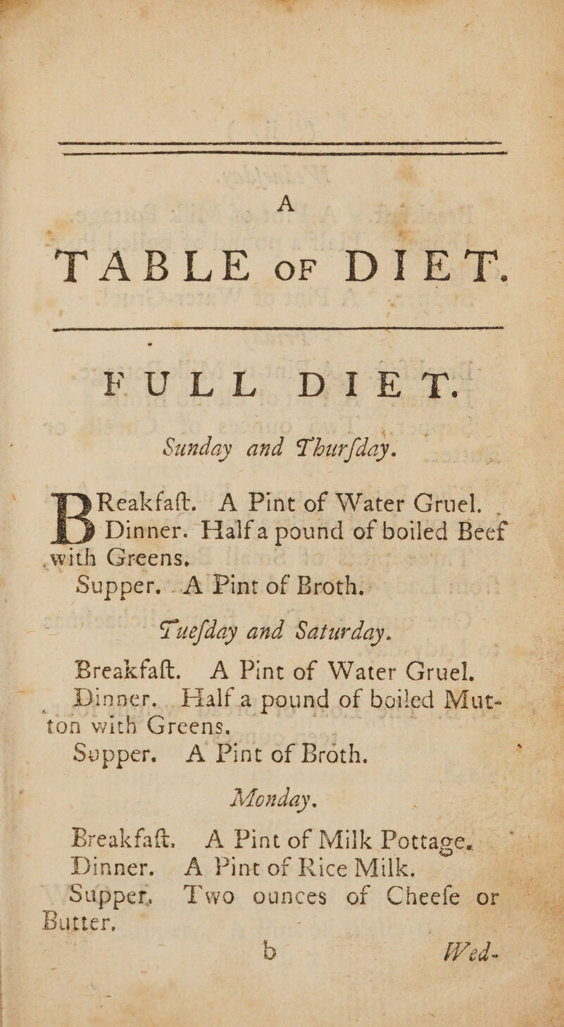 TABLE of DIET. V0 1, ee Bo Sunday and Thur fday. Reakfaft. A Pint of Water Gruel. with Greens. Supper. A Pint of Broth. Tuefday and Saturday. Breakfaft. A Pint of Water Gruel. _ Dinner, Fialf'a pound of boiled Mut- ton with Greens. Supper. A Pint of Broth. Monday. Dinner. A Pint of Rice Milk. Butter,