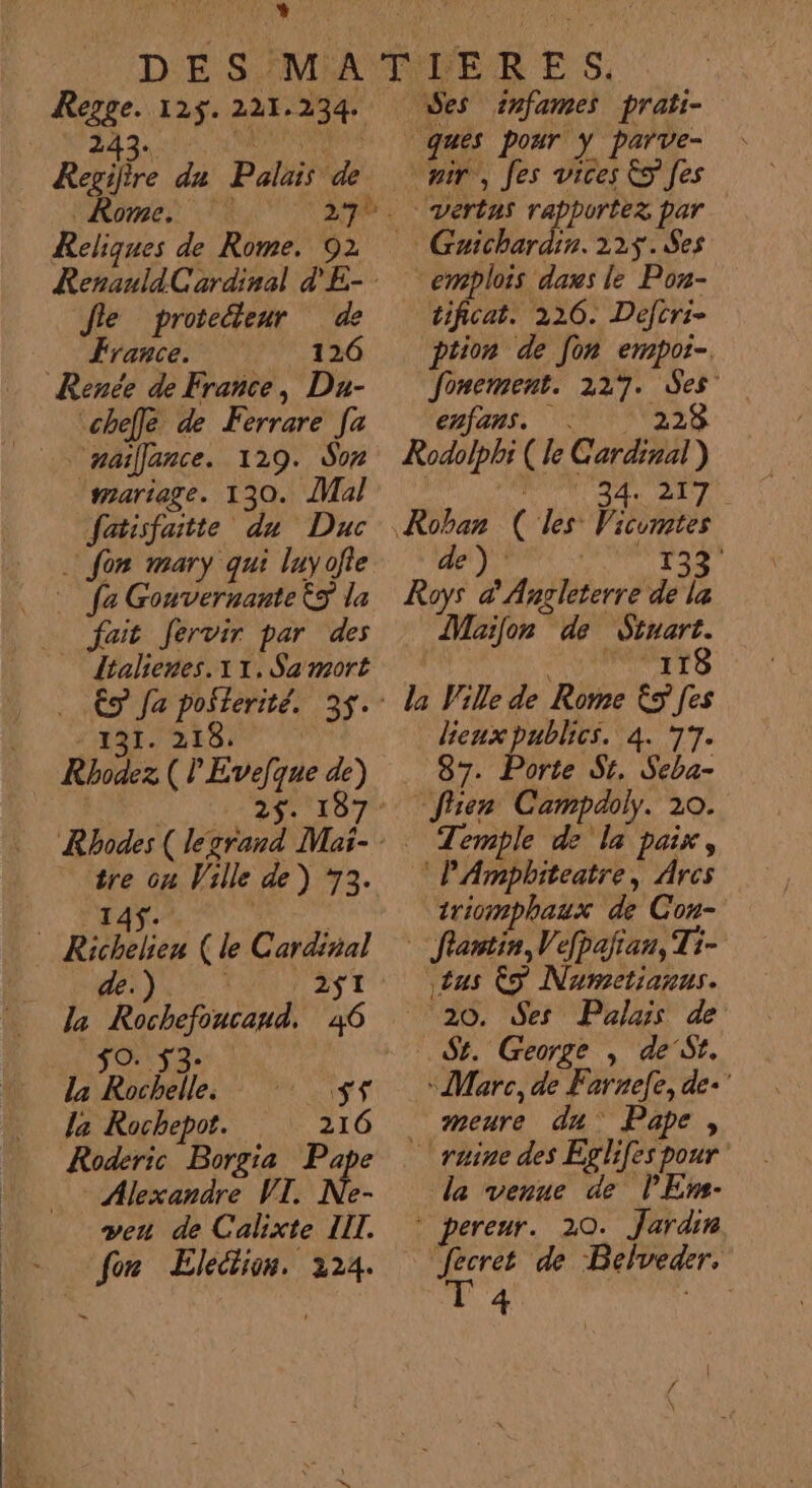 | Regge. 125$. 221.234. Regitre du Palais ‘de Rome. Reliques de Rome. 92 e protecteur de une MAT TEO Renée de France, Du- ‘chefle de Ferrare [a “‘naillance. 129. Son mariage. 130. Mal fatisfaitte du Duc . fon mary qui luyofle .: fa Gouvernante $s la = fait Jervir par des _ dtalienes.11, Sa mort . €9 Ja pofterité. 35. “1127. 218. Rbodez ( l'Evefque de) tre on Ville de) 73. MA 7 1 DANEN sie Richelieu (le Cardinal ER MEN 2$1 la Rochefoncand, 46 TO ÿ 3. la Rochelle. $$ la Rochepot. 216 Roderic Borgia Pape _ Alexandre VI. Ne- veu de Calixte III. - for Election. 224. = Ses infames prati- ques pour Y parve- Wir, Jes vices &amp; fes ‘vertus rapportez par Gaichardin. 22$.$es emplois das le Pon- tificat. 226. Defcri- ption de Jon empoi-. Jfonement. 227. Ses enfans. M2 228 Rodolphi (le Cardinal) ss 3 Roban (les Vicumtes de): ete 2 Roys &amp;'Angleterre de la Maïlon de US 11 la Ville de Rome &amp;S [es lieux publics. 4. 77. “s a % Seba- - fhien Campdoly. 20. Temple “a He. * P'Amphiteatre, Arcs triomphaux de Con- flantin, Vefpalian, Ti- tus &amp;S Nurmetiauus. 20. Ses Palais de Se. George , de St. “Marc, de Farnefe, de-' meure du Pape, ruine des Eglifes pour la venue de l'Em- * pereur. 20. Jardin ‘fecret de Belveder. T4 AA |
