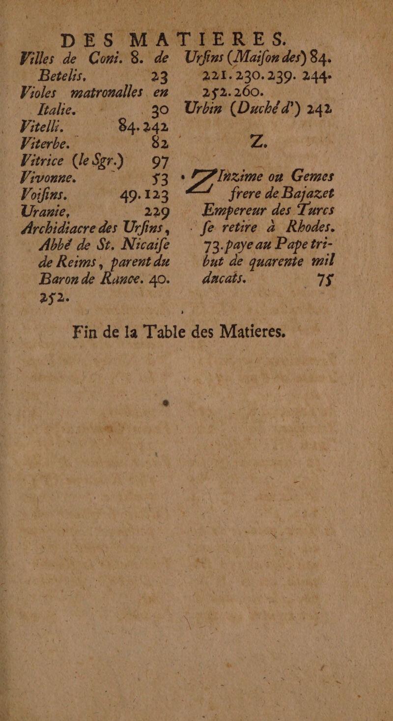 . Betelis, 12 Wioles matronailes en Tales: ? . 30 Vitell. 84.242 Viterbe. + Vitrice (le Sgr.) 97 Vivonne. î $ Voifins. 49.123 Uranie, 229 … Archidiacre des Urfins, Abbé de St, Nicaife de Reims, parent du Baron de Kunce. 40. 252. 221.230.239. 244: 2$2. 260. | Urbin (Duché d’) 242 Z. : Inzime on Gemes frere de Bajazet Empereur des Turcs 73.paye an Pape tri- but de quarente mil dncais. NT /,