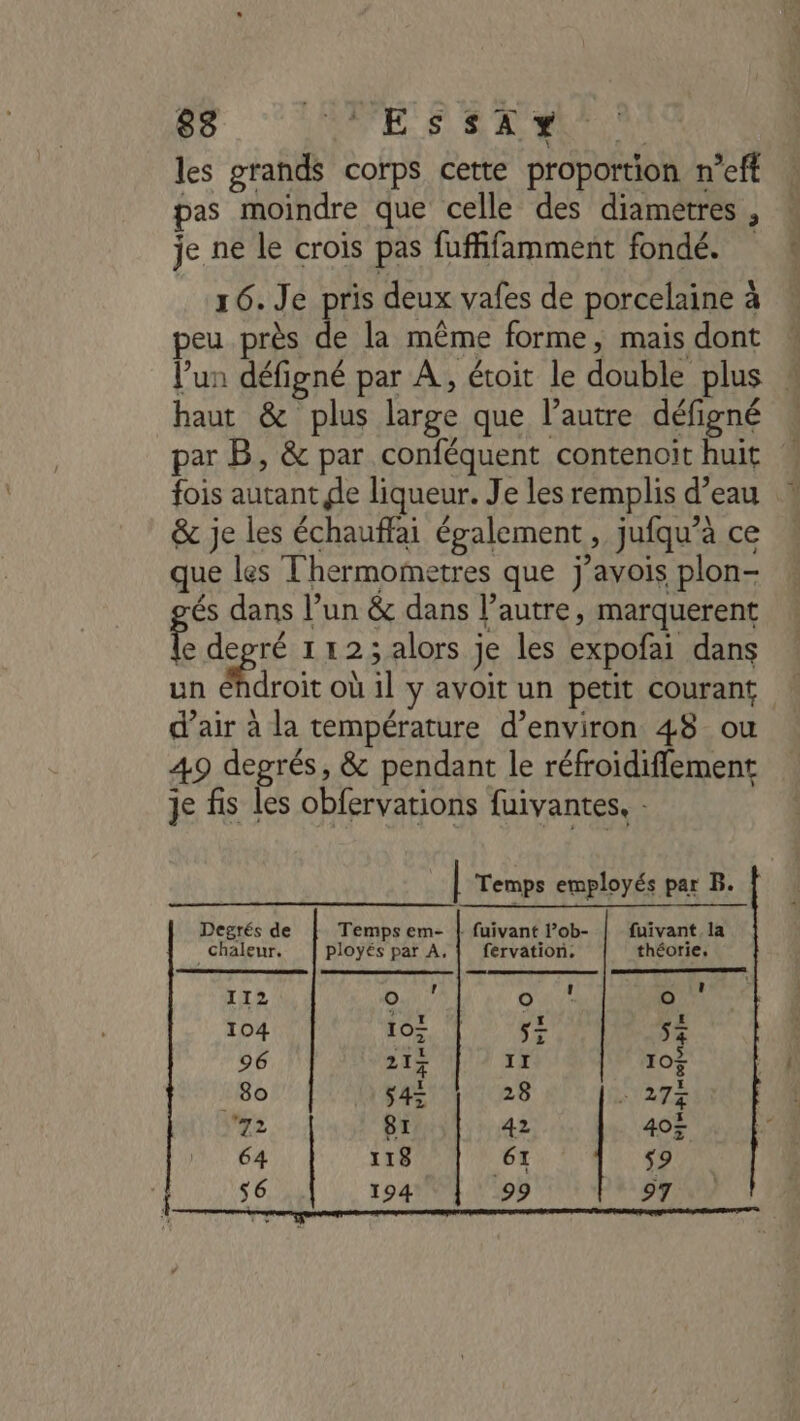 83 NES. BA les grands corps cette proportion n’eft pas moindre que celle des diametres , je ne le crois pas fuffifamment fondé. 16. Je pris deux vafes de porcelaine à eu près de la même forme, mais dont l'un défigné par À, étoit le double plus » haut &amp; plus large que l’autre défigné par B, &amp; par conféquent contenoit huit fois autant de liqueur. Je les remplis d’eau &amp; je les échauffai également , jufqu’à ce que les T'hermometres que j’avois plon- és dans l’un &amp; dans l’autre, marquerent le depré 1123 alors je les expofai dans un éhdroit où il y avoit un petit courant d’air à la température d’environ 48 ou 49 degrés, &amp; pendant le réfroidiffement je fis les obfervations fuivantes, - | | Temps employés par B. Degrés de Temps em- |: fuivant l’ob- fuivant la Chaleur. ployés par A. 1 fervation. théorie, 112 Dh” an 0 SIT Le £ 104 08. 5% 54 96 21% II 10? 80 54: 28 «27% 2 81 42 40% 64 118 61 52 56 194 99 97