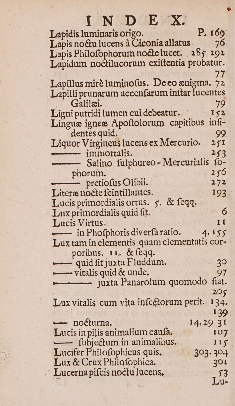 Lapidis Inminaris origo. P. 169 Lapis no&amp;u lucens à Ciconia allatus. 76 Lapis Philofophorum no&amp;e lucet. | 285. 292 Lapidum V RENUER exiftentia probatur. 77 Lapillus mire luminofus. Deeo enigma. 72 Lapilli prunarum accenfarum inftar lucentes Galilei. 79 Ligni putridi lumen cui debeatur. I$2 Lingue ignee Apoftolorum capitibus infi-. dentes quid. | Liquor Virgineuslucensex Mercurio. 251 iminortalis. 243 Salino fulphureo - Mercurialis fo- phorum. . 256 pretiofus Olibii. 272 Litera nocte fcintillantes. 193 Lucis primordialis ortus. s. &amp; feqq. Lnx primordialis quid fit. Lucis Virtus. It —— in Phofphoris diverfa ratio. 4. i$ $ Luxtaminelementis quam elementatis cor- poribus. 11. &amp;fíeqq. ——— quid fit juxta Fluddum. 30 ——— vitalis quid &amp; unde. 97 juxta Panarolum quomodo fiat. 20$ Lux vitalis cum vita infeétorum perit.. 134. 159. —— noéturna. 14. 29 3I Lucis in pilis animalium caufa. 107 —— Íubjeétum in animalibus. II$ Lucifer Philofophicus quis. 303. 304 Lux &amp; Crux Philofophica. | 901 — Lucernapifcis no&amp;u lucens, EE