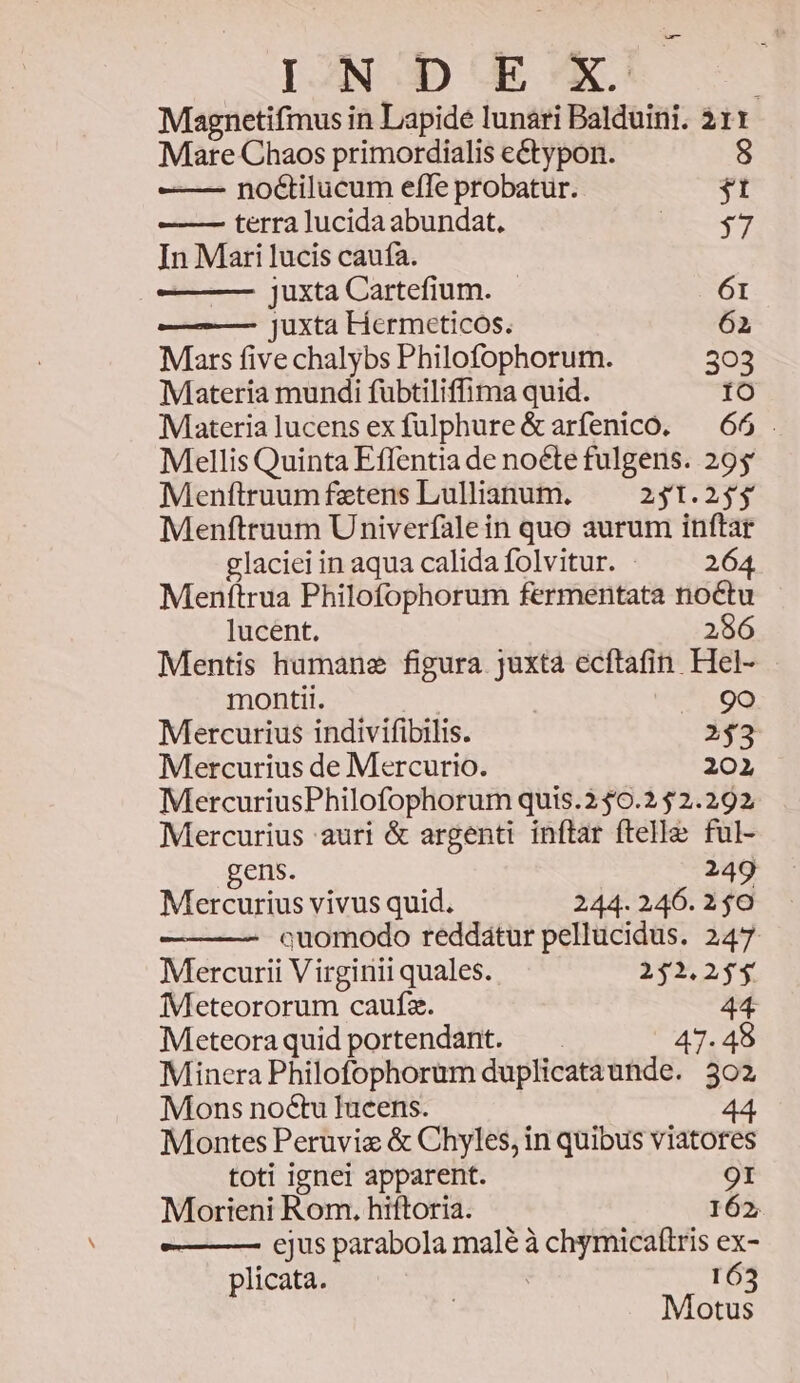 IJN D E X Magnetifmus in Lapide lunari Balduini. 211 Mare Chaos primordialis e&amp;ypon. 8 ——— no&amp;tilucum effe probatur. $t ——- terra lucida abundat, nio In Mari lucis caufa. ——- juxta Cartefium. - 61 Juxta FHermeticos. 62 Mars five chalybs Philofophorum. 303 Materia mundi fubtiliffima quid. 10 Materialucens exfulphure &amp; arfenico. — 66 . Mellis Quinta Effentia de noéte fulgens. 295: Menftruum fztens Lullianum. 241.24 Menftruum Univerfalein quo aurum inftar glaciei in aqua calida folvitur. 264 Menftrua Philofophorum fermentata noctu lucent. 256 Mentis humane figura juxta ecftafin Hel- monti. | 9o Mercurius indivifibilis. 23 Mercurius de Mercurio. 201 MercuriusPhilofophorum quis.240.2 52.292 Mercurius auri &amp; argenti inftar ftelle ful- gens. 249 Mercurius vivus quid. 244. 246. 2 0 quomodo reddatur pellucidus. 247 Mercurii V irginii quales. 252.2$*$ Meteororum caufz. 44 Meteoraquid portendant. — . 47. 48 Minera Philofophorum duplicataunde. 302 Mons no&amp;u fucens. 44 Montes Peruvis &amp; Chyles, in quibus viatores toti ignei apparent. 9I Morieni Rom. hiftoria. 162, e——— ejus parabola malé à chymicaítris ex- plicata. 163