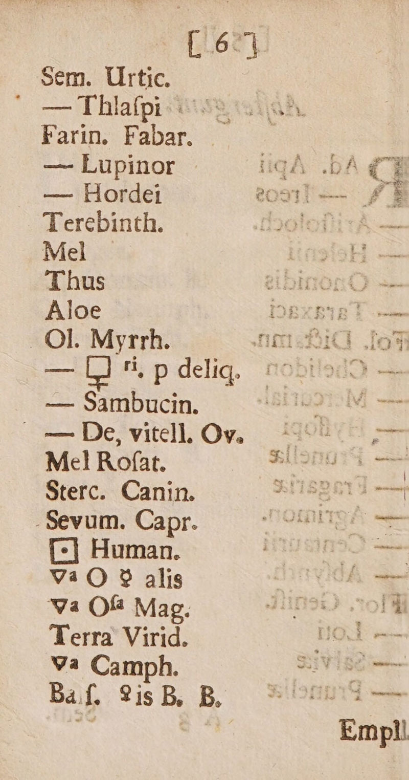 [67 Sem. Urtic. Farin. Fabar. Terebinth. Mel Thus Aloe gn LJ ri, p deliq. — Sambucin. — De, vitell. Ov. Mel Rofat. . Sevum. Capr. [:] Human. V3 O 9 alis va Qfa Mag. Terra Virid. Va Camph. Ba f. 9is B, B, y Sq IMEG.C