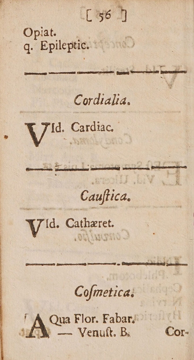 Aun L's6 Opiat. q. Epileptic. C ordialia. Va c Cardiac. emm Deren cunei MÀ M Caufa, yc Culbaret | N eus ls T —— s rp C ofmetica. Qua Flor. Fabar, AO iX — Venuft. B. Cor-