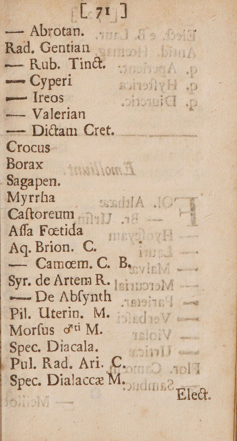 | rL-21;] — Abrocfn. ^ Rad. Gentian ...... L— Rub. Tin&amp;t . — Cyperi Plo —— aud b -— Valerian iade —- Di&amp;dam Cret. Crocus Borax . Sagapen. Myrrha ceecdhlA n Caíloreun n. 4a. 03 ifa Foetida- onam... Be Bnüog C. '; A — Camoem. C. B... Syr. de Artem R. ;, —. De cgi | Pil. Uterin. M. ain Spec. Diacala. Pul. Rad. Ari. C., Spec. Dialacce | Ban. ^ Efca. )4 yox Pus  E a x v «S. R
