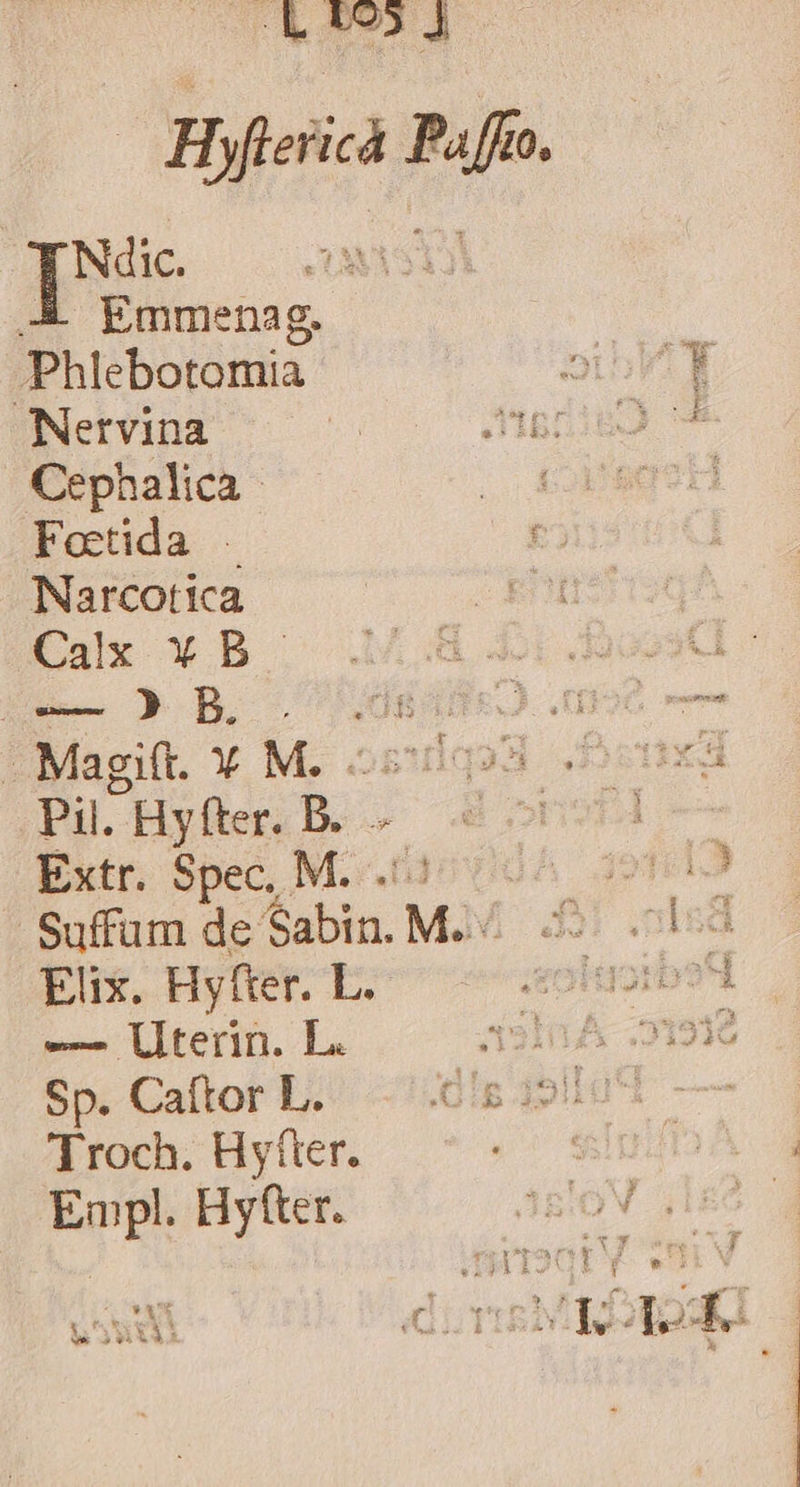 EF Ndic. A Emmenag. Phlebotomia Nervina Cephalica Fotida Narcotica Calx Y B. Magift. Y M. Extr. Spec, M. - Suffüm de Sabin. M. Elix. Hyfter. L.- -— Lterin. L. Sp. Caítor L. Troch. Hyíter. Empl. Hytter. 4^ E d mgl