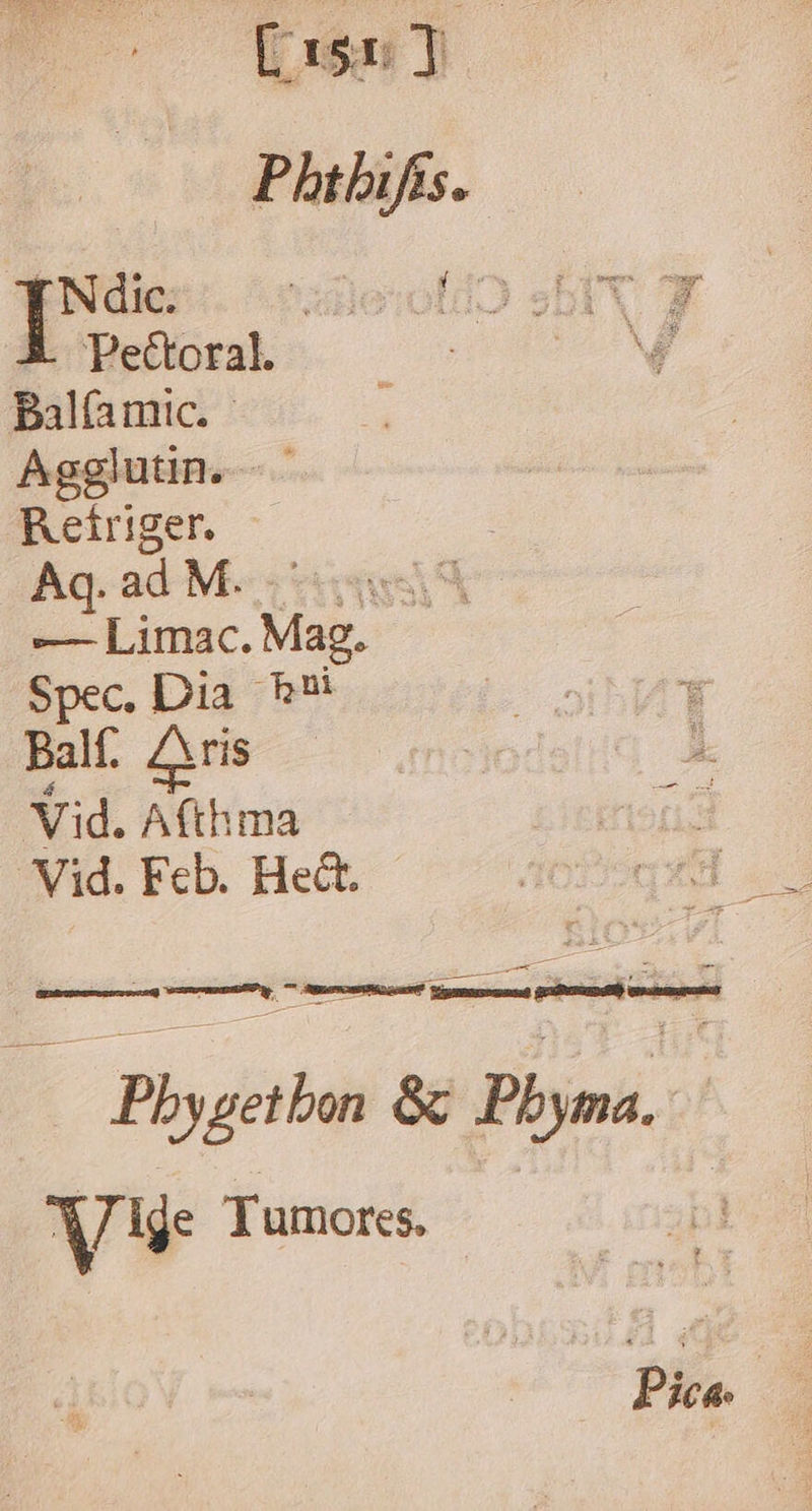 EN die cuesofdo sbIV T Pe&amp;toral. | b Palfamic. - B Agglutin. Retriger. Aq. ad M. «eene — Limac. Mag. Spec, Dia Rh: Balf. £ris Vid. Afthma Vid. Fcb. Hect. VE BED E D - Pile &amp; bini) Vj: Tumores. Pie