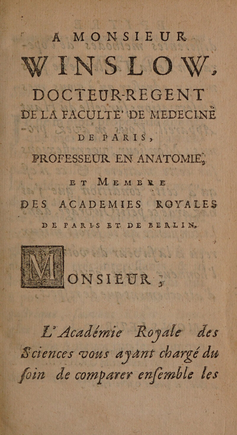 Later MONSIEUR. WINSLO W. DOCTEURREGENT DE LA FACULTÉ DE MEDECINE | DE PARI EM _ PROFESSEUR EN ANATOMIE: | ET MEME RE DES. ACADEMIES ROYALES D E PARLS ET DE BEALIXM.. . RS JONSIEUR : | E° Académie Royale des Sci ciences VONS AYANT Chargé du à foin de comparer enfémble les ie