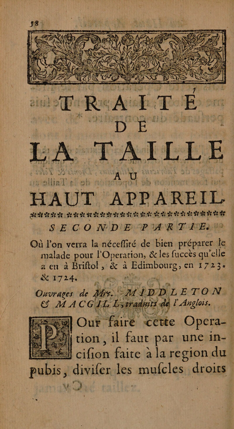 LA TAILLE HAUT. pere Det desde ne La de de de de dot de ee Se 8 de ea 8 Dee SE CO NID\E PA RIT ATEUE Où l’on verra la nécefliré de bien préparer le malade pour l'Operarion, &amp; les fuccès qu elle a eu à Briftol, &amp; à ua LE en 1723. &amp; 17246 10 Tan ns Ouvrages de Dis. MIDDLE TON. CG MACGIL Lsrradirs de lAngloss. ESS] Out “faire “cette Opera | E] tion, il faut par une in- (Ai faite à la region du pubis, divifer les mufcles droits nu LPO Ki Sa