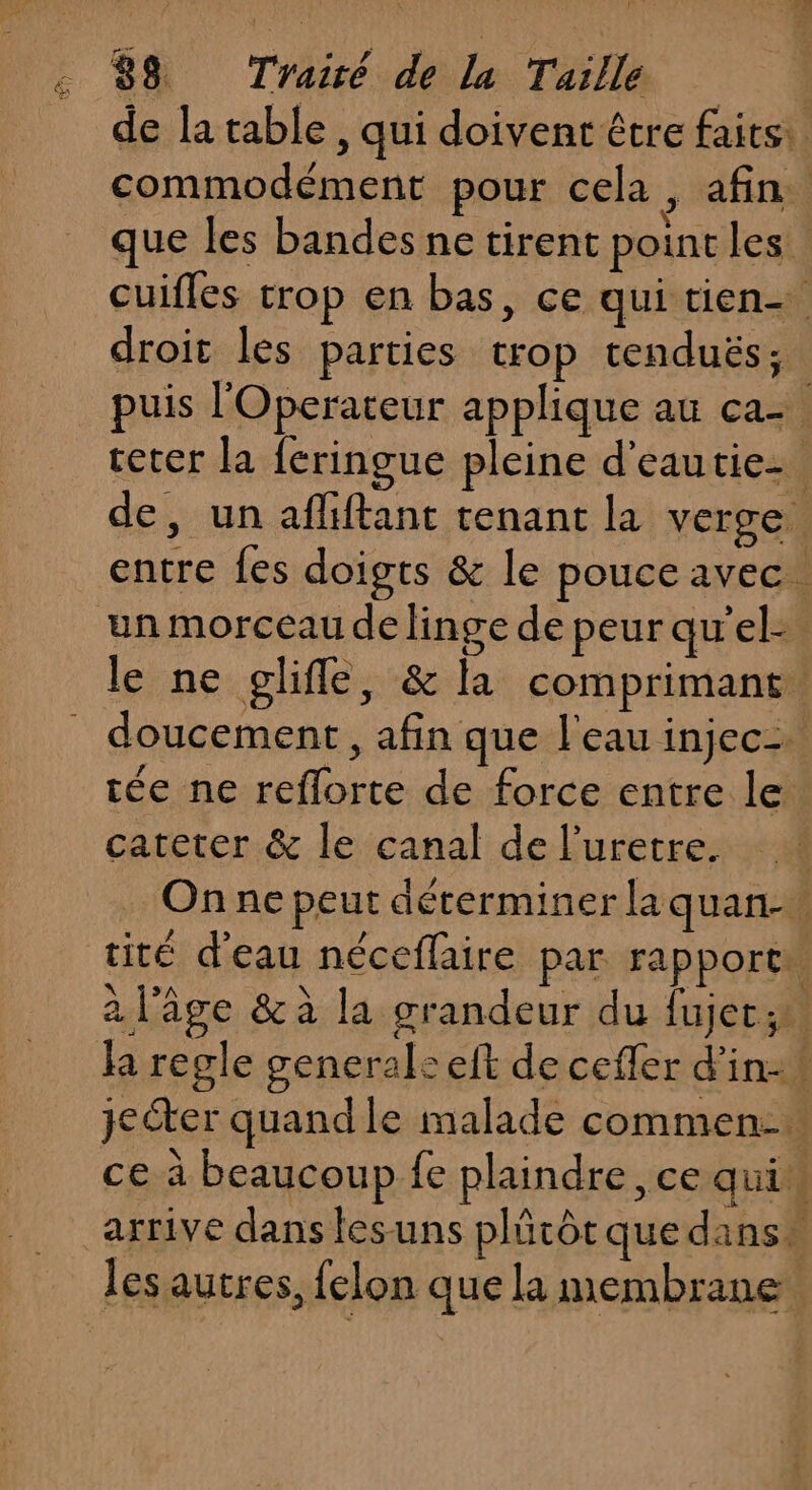 commodément pour cela ; afin: que les bandes ne tirent point les droit les parties trop tendués; un morceau de linge de peur qu'el- cateter &amp; le canal de l’uretre.
