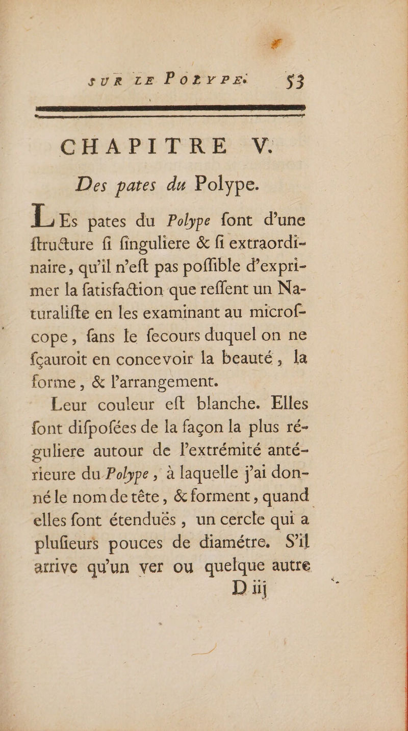 Ed SUR LE PO2YPE 53 CHA PT FREE SV: Des pates du Polype. LE: pates du Polype font d’une ftruëture fi finguliere &amp; fi extraordi- naire, qu’il neft pas poffible d’expri- mer la fatisfaction que reffent un Na- turalifte en les examinant au microf- cope, fans le fecours duquel on ne fçauroit en concevoir la beauté, Îa forme , &amp; l’arrangement. Leur couleur eft blanche. Elles font difpofées de la façon la plus ré- guliere autour de Pextrémité anté- rieure du Polype , à laquelle j'ai don- né le nomdetête, &amp; forment, quand elles font étenduës , un cercle qui a plufieurs pouces de diamétre, S’il arrive qu'un ver ou quelque autre Du
