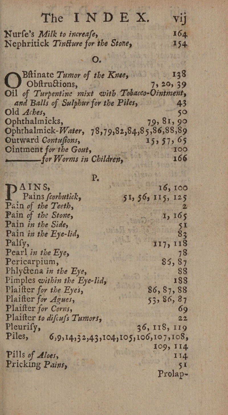 The TN DEX. ‘yj Nurfe’s Milk to increafe, 164, Nephritick Tinéure for the Stoney 154. _ O. Bftinate Tumor of the Knees - 138 Q ObftruGtions, ~ 79 20) 39 Oil of Turpentine mixt with Tobacco-Ointment, and Balls of Sulphur for the Piles, 43 Old Aches, Se Ophthalmicks, 79, 81, 90 Ophthalmick-Water, 78,79,82,84,85, 36,88, 89 Outward Contufions, 155 97» 65 Cintment for the Gout, “100 or Worms in Children, 166 P, AINS, 16, 100 Pains fcorbutick, 51, $6) 115, 125 Pain of the Teeth, gh ey a Pain of the Stoney tt ee ay eee Pain in the Side, Pe, ee Pain in the Eye-lid, : $3 Palfy, 117, 118 Peail j in the Eye, 3 78 Pericarpium, $45, 87 Phly&amp;tena i in the Eye, 88 Pimples within the Eye-lid, 188 Plaifter for the Eyes, 86, 87, 88 Plaifter for Aeues, 53» 86, 87 Plaifter for Corns, 69 Plaifter to difcufs Tumors, 22 Pleurify, 36, 118, 119 Piles, 65991413 243 104)105)100,10 7,108, 109, 114 | Pills of Aloes, 114 Pricking Pains, 5i Prolap-~