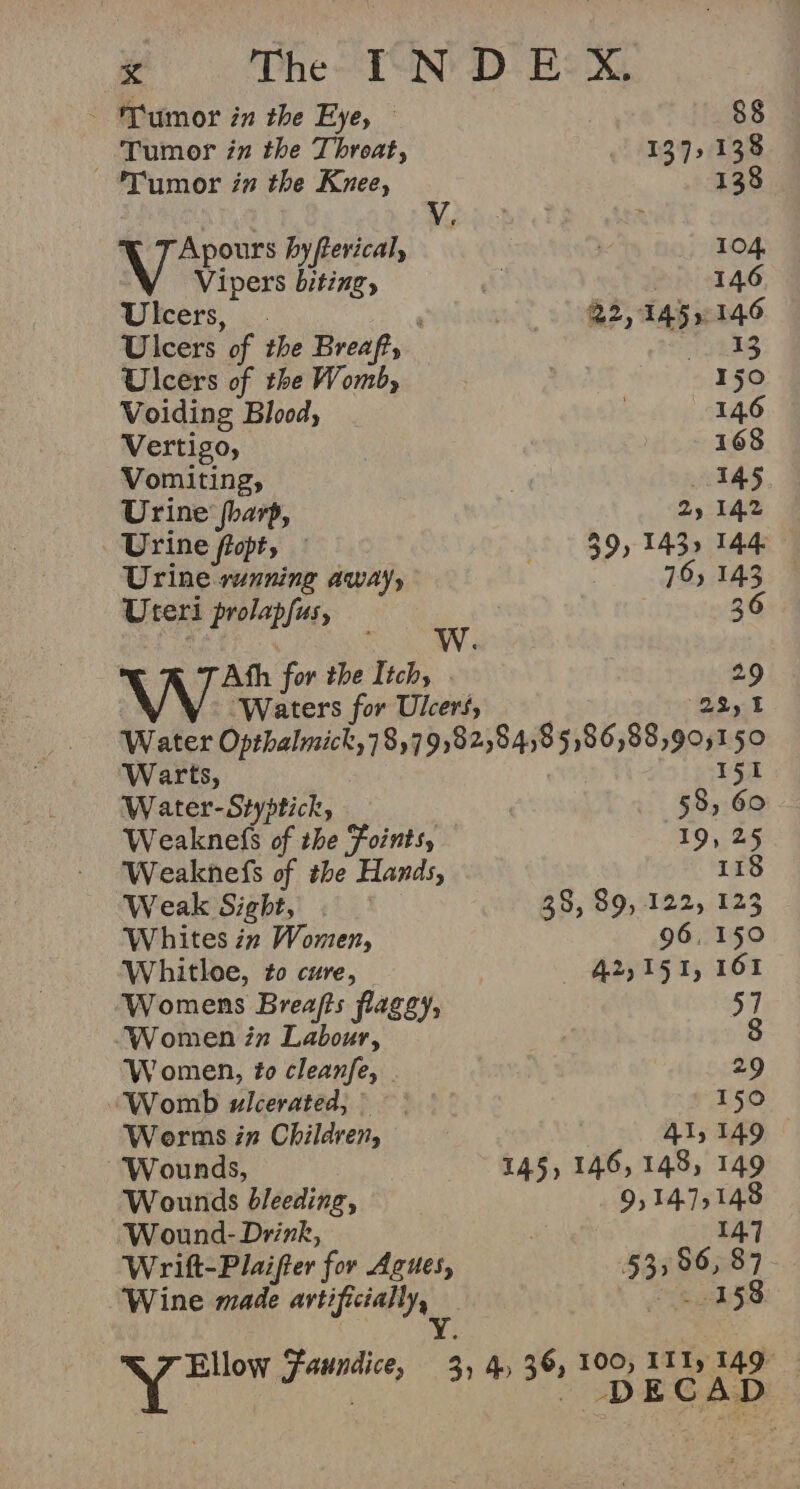 x The-T iN’ D- Es Xs - Yumor in the Eye, 88 _ Tumor in the Throat, 137.138 Tumor in the Knee, 138 Yy. ‘ &gt; NV one hy fterical, i 104, Vipers biting, di 146 Ulcers, _. 3 22,145. 146 Ulcers “of the Brea, 13 Ulcers of the Womb, 150 Voiding Blood, : 14.6 Vertigo, 168 Vomiting, 145 Urine harp, 2, 142 Urine ftopt, - 39,143» 144 Urine sunning away, 76) 143. | Uteri prolapfus, 3 36 ar Wt for the Itch, A Waters for Ulcers, ‘Water Opthalmick,78,79 18258458 5,86,88,90,13 a Warts, 151 Water-Styptick, 58, 60 Weaknefs of the Foints, (19, 25 Weaknefs of the Hands, 118 Weak Sight, 38, 89, 122, 123 Whites iz Women, 96.150 Whitloe, to cure, 42,151, 161 Womens Breajts fagey, 57 Women in Labour, 3 8 Women, to cleanfe, - 29 ‘Womb ulcerated, 150 Worms in Children, | 41, 149 Wounds, 145, 146, 148, 149 Wounds dleeding, 9,147,148 Wound- Drink, 147 Wrift-Plaifter for Agues, 53,56, 87. 158 Wine made artificially, Y. Ellow Faundice 4. 36, 100, III, 149 ~