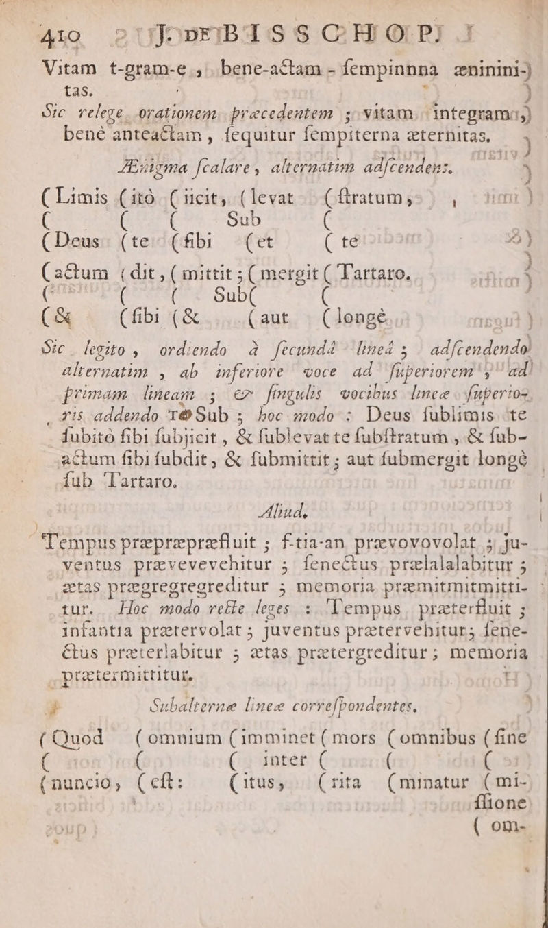 Vitam t-gram-e , . bene-actam - fempinnpa zeninini-) tas. i r Suc relege. orationem. precedentem 5. vatam infegram:) bené anteactam , fequitur Íempiterna eternitas. ) ZEágma fcalare, alternatim. adfcendeiz. x j ( Limis .(itó .( icit, (levat- (ftratum45 ^ , mi) (rk st Um. Sub ( (Deus. (te (fibi (et ( té 3) (actum ( dit , ( mittit ; ( mergit ( Tartaro. r i Mg ( ( . Sub( ( ; Cà (fibi (&amp; (aut . (longé Gic egito ,— ordiendo à. fecund4 ^ lined 5 / adfcendendol alternatim, ab. inferiore voce. ad. füperiorem y ad! primam lineam 5$ €x fmgulis vocibus. Imee »faperioz , 715 addendo Té Sub 5. hoc modo : Deus fubiimis te . dubito fibi fubjicit , &amp; fublevattefubftratum , &amp; fub- actum fibi fubdit, &amp; fuübmittit ; aut fubmergit longe íub Tartaro. Aliud, | 'Tempus prepreprefluit ; f.tia-an. prevovovolat 5; ju- ventus przvevevehitur 5 fenectus przelalalabitur 5 ztas pragregregreditur ; memoria praemitmitmitti- tur. doc modo rete leges. : lempus, praterfluit ; infantia prztervolat ; juventus pratervehitur; fene- Cus preterlabitur 5 atas. prztergreditur; memoria puetermittitur, ! . Subalterne lines correfpondentes, ] (Quod (omnium (imminet ( mors ( omnibus (fine | ( ( inter ( ( ( (nuncio, (eft: (itus; — (rta (minatur (mi- :151 | flione ( om- (vM 17 Ey