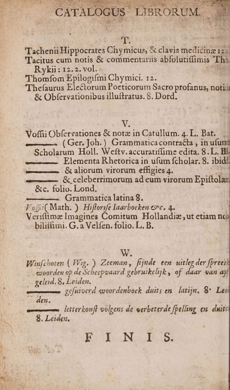 V. : Voffii Obfervationes &amp; notz in Catullum. 4. L. Bat. ; ( Ger. Joh.) Grammaticacontracta , in ufui Scholarum Holl. Weftv.accuratiffime edita. 8. L.. B3 Elementa Rhetorica in ufum fcholar. 8. ibidi &amp; aliorum virorum effigies 4. | . &amp; celeberrimorum ad eum virorum Epiftol &amp;c. folio. Lond. Grammatica latina 8. | V'ofj:( Math. ) | Hiflorife Iaarbocken c7c. 4. | Veriflimz [Imagines Comitum Hollandiz ut etiam nc biliffimi. G. a Velfen. folio. L.. B. W. | Winfchoten ( Wig.) Zeeman, finde. een. uitleg der fpreei avoorden op de Scheepoaard gebruikelijk , of daar van ay geleid. 8, Leiden. gefuioerd avoordenboek. duits en. latij, 8*. Lei den. | letterkonfl volzens de eerbeterde fpelling em. duiti 8. Leiden. EPIO PS