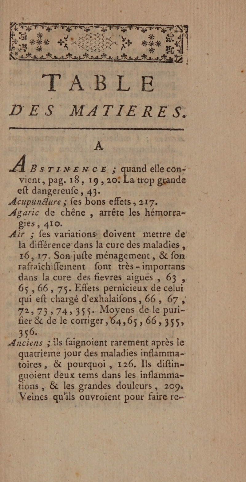 À À BSTINENCE ; quand ellecon- vient, pag. 18, 19, 20* La trop grande eft dangereufe , 43. Acupünäure ; fes bons effets, 217. Agaric de chêne , arrête les hémorra- gies , 410. Air ; fes variations doivent mettre de’ la différence dans la cure des maladies, 16,17. Son-jufte ménagement , &amp; fon rafraichiffeinèent font très-importans dans la cure des fievres aiguës , 63, 65,66, 75. Effets pernicieux de celui qui eft chargé d’exhalaifons, 66, 67 ; 72,73, 74, 355. Moyens de le puri- fier &amp; de le corriger, 64,65, 66,355; on 3 ils faignoient rarement après le quatrieme jour des maladies inflamma- toires, &amp; pourquoi , 126. Ils diftin- guoient deux tems dans les. inflamma- tions , &amp; les grandes douleurs, 209. Veines qu'ils ouvroient pour faire re--