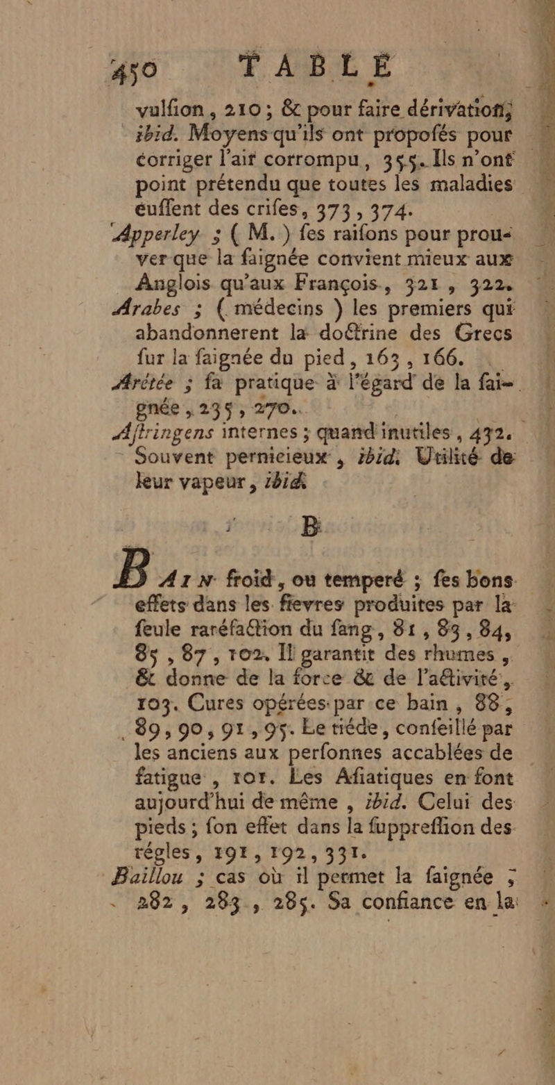 ibid. Moyens qu’ils ont propofés pour point prétendu que toutes les maladies éuffent des crifes, 373, 374. Apperley 3 ( M.) fes raifons pour prou&lt; ver que la faignée convient mieux aux Anglois qu'aux François, 321, 322. Arabes ; ( médecins ) les premiers qui abandonnerent la doëtrine des Grecs fur la faignée du pied, 163 , 166. gnée ,235; 270. - Souvent permicieux , 244: Utilité de leur vapeur , 1814 B effets dans les fievres produites par la feule raréfa@tion du fang, 81, 83, 84, 85 , 87, r02. Il garantit des rhumes &amp; donne de la force &amp; de l’a&amp;iviré:. 103. Cures opérées par ce bain , 88, _ 89,90, 91, 95. Le tiéde, confeillé par fatigue , 107. Les Afiatiques en font aujourd’hui de même , ibid. Celui des pieds ; fon eflet dans la fuppreflion des régles, F91, 192,331. Baillou ; cas où il permet la faignée ; 282, 283, 285. Sa confiance en la g PTT Ge, 2e