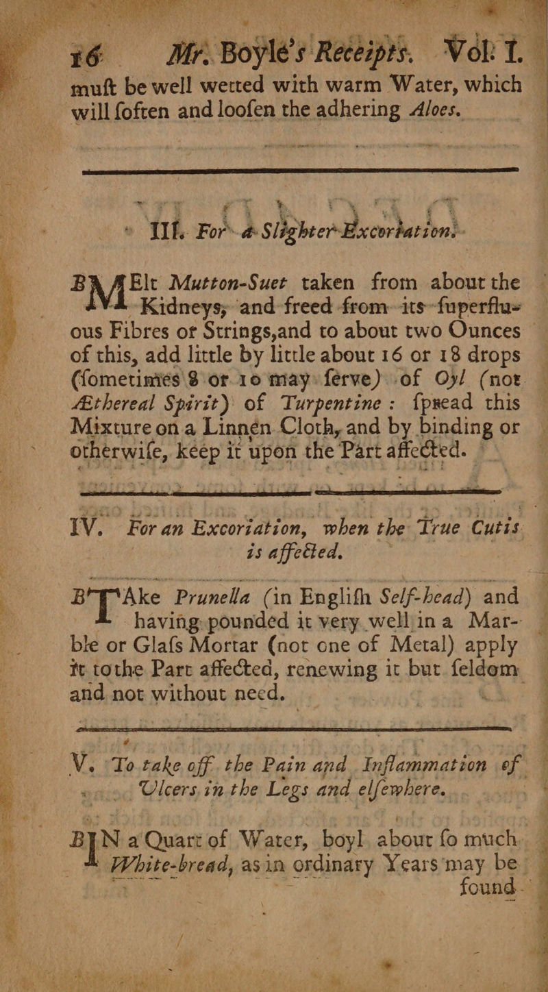 yaa eae ie oye : pee “eae A mutt be well wetted with warm Water, which ; will {often and loofen the adhering Aloes. ™~ » {Ih For a SlighterExcortation, BA AE Mutton-Suet taken from about the Kidneys; and freed from. its-fuperflu= ous Fibres of Strings,and to about two Ounces © (fometiniés 8 or 10 may férve) of Oy/ (nor “Ethereal Spirit) of Turpentine: {pread this Mixture on a Linnén Cloth, and by ea ore} orpeati keep it upon the ‘Part on | | = Fi _ hencdasin gah IV. ‘For, an Excoriation, Esper the True Cutis is affected, BrP Ake Prunella (in En glifh Self- head) and having pounded it very well|ina Mar- ble or Glafs Mortar (not one of Metal) apply — te tothe Part affected, renewing it but feldem — and not wichext need. = NG To take of the Pain and phd Yen of f Ulcers, in the Legs and elfewhere. ie, ayn a Quart of Water, boy] about fo much White-bread, as in ‘ordinary Yearsmay be found. |