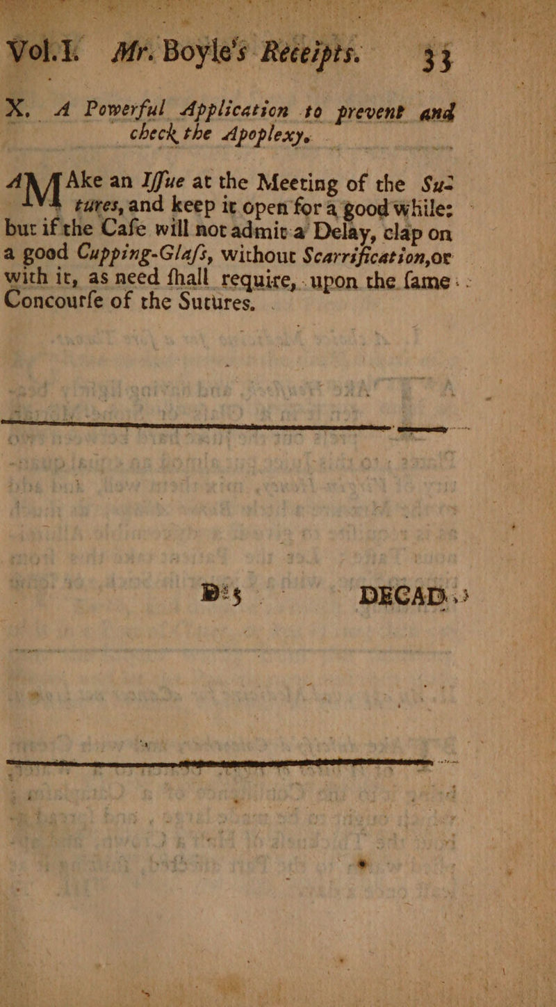Vol. Mr. Boyle's Rece Bo gy X, A Powerful Application to prevent and . check the Apoplexys om mec : A 4M ike an Ijfue at the Meeting of the Su: but if the Cafe will not admiv:a Delay, clap on a good Cupping-Gla/s, without Scarrification,or Concourfe of the Sutures.