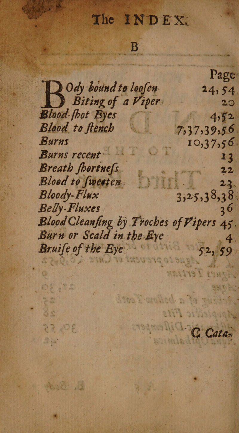 : 7 204) bide tol 24; 54. Dd Biting of a Piper : 20. Blood. [hot yes, gy ae Blood to tench rasta _ Burns Ooh 2 2 10.4 aaa . Burns recent” ph A Ae, SOM Sh 13 Breath ets or ae ge | Blood to fweeten, ~y iF. 23. Bloody-Flux 3325,38,38% Belly- Fluxes. 36 Blood Cleanfin by Lroches of Vipers 45. Burn or Scald in the Eye ” i pou yf the Bye. Bi iaitinecaannty 524159. be + ~ aa a 4 ~- wh bt «Sa * * ‘em 4 t ’ 4a ts t x! ~