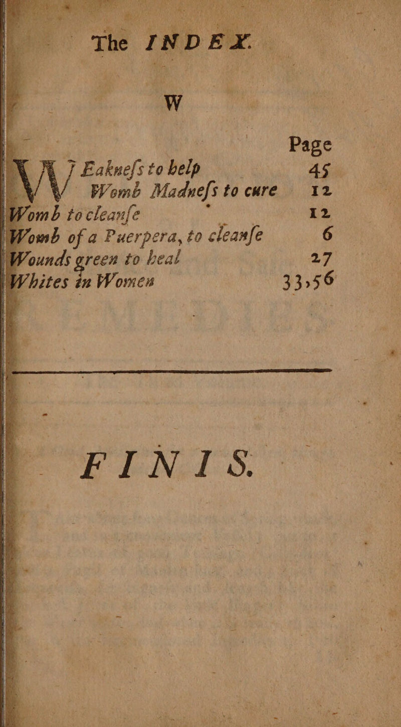 Ww Eakne{s to bile re 45 Womb Maduefs tocure 12 V Womb to cleanfe 12 [Womb of a Puerpera, to cleanfe 6 (Wounds green to Leal ae |Whites i Women 33956