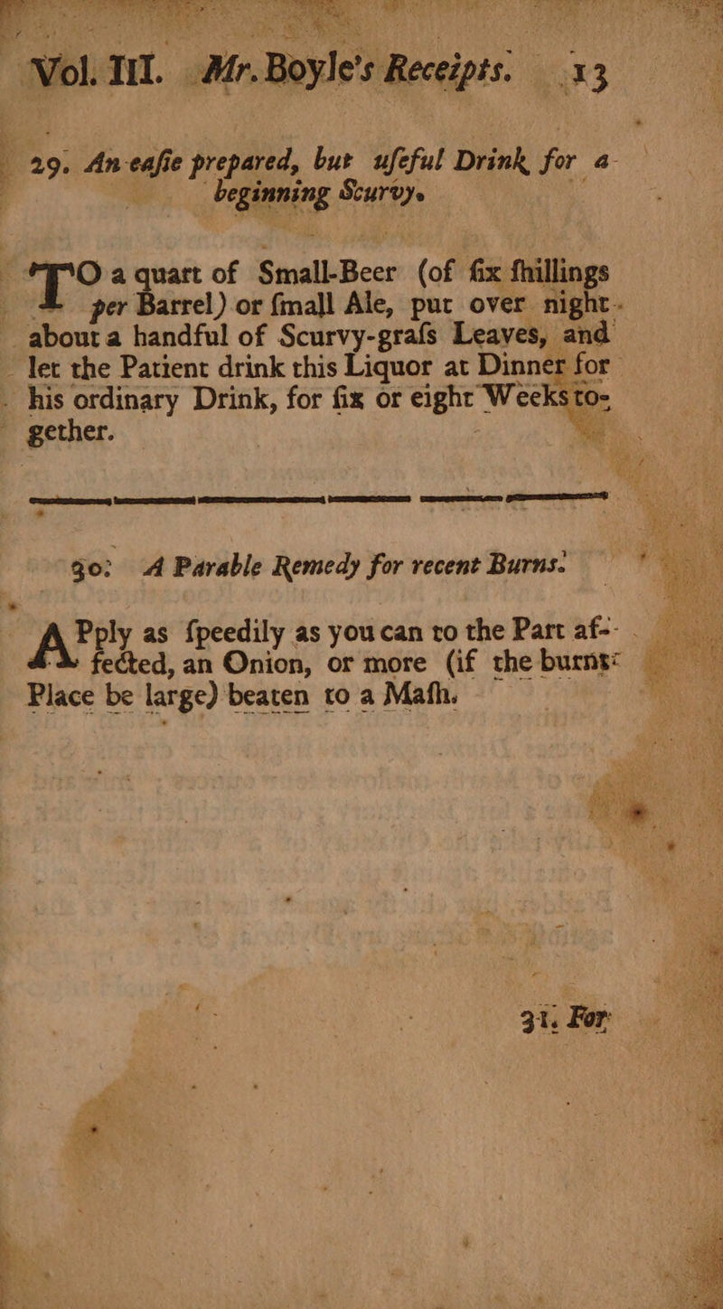 ‘% ’ 4 } ; : ,*. ‘7 * - Pst Chay - SS eee pees , ws 6 Settod dt tes a quart of Small-Beer (of fix fhillings + per Barrel) or fmaljl Ale, put over night. about a handful of Scurvy-grafs Leaves, and let the Patient drink this Liquor at Dinner for his ordinary Drink, for fix or eight Weeks to- Craneeay Sere * ey o: A Parable Remedy for recent Burns. Pply as fpeedily as youcan to the Part af-- -&amp; fected, an Onion, or more (if the burns: Place be large) beaten to a Mafh,