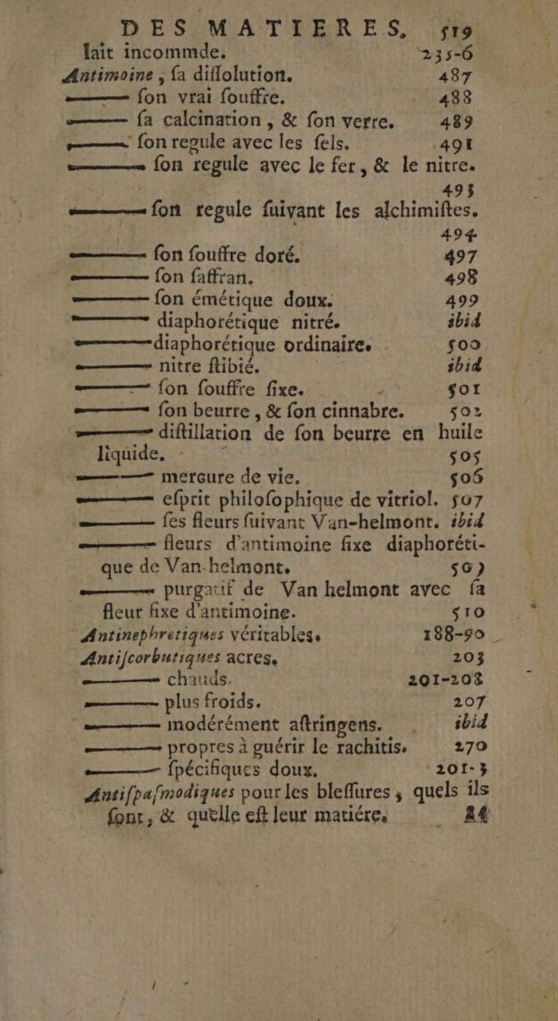 lait incommde, 235-6 Antimoine ; fa diflolution. 487 œ——…—— fon vrai fouffre. , 488 fa calcination , &amp; fon verre. 489 ——— fon regule avec les fels, 49 — fon regule avec le fer, &amp; le nitre. 493 101 tegule fuivant les alchimiftes. | | 494 ————— fon fouffre doré. 497 _——— fon faffran. 498 ———— fon émétique doux. 499 =—— diaphorétique nitré. ibid ——— diaphorétique ordinaire. | 509 =— nitre flibié. | ibid ———— {on fouffte fixe. ‘ $ot ——— fon beurre , &amp; fon cinnabre. 502 =——— diftillation de fon beurre en huile liquide, - :: sos m———&lt;+ jnerGure de vie, $06 ——— cfprit philofophique de vitriol. $o7 -—— fes fleurs fuivant Van-helmont. ibid ———— fleurs d’antimoine fixe diaphoréti- que de Van-helmont, 56) — purgatif de Van helmont avec fa fleur fixe d’antimoine. sTo Antinephreriques véritables. 188-50 _ Antifcorbntiques acres, 203 chauds. 201-208 plus froids. RI207 ——— modérément aftringens. . sbid propres à guérir le rachitis, 279 ——— fpécifiques doux. 201-3 Antifpafmodiques pour les bleflures ; quels ils font, &amp; quille eft leur matiére. _ 44