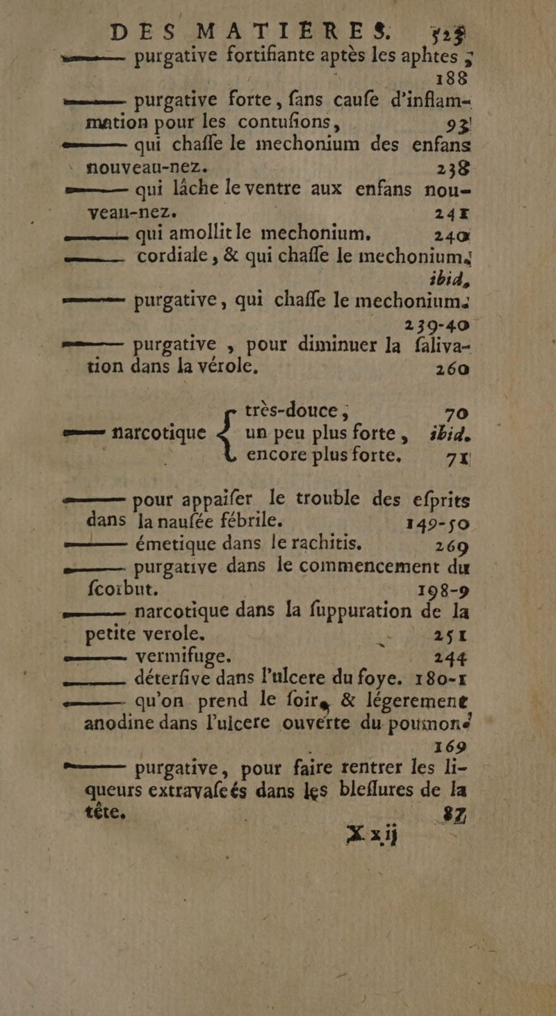 — purgative fortifiante aptès les aphtes &gt; 188 — purgative forte, fans caufe d’inflam- mation pour les contufñons, 93! — qui chafle le mechonium des enfans nouveau-nez. 238 ——— qui lâche le ventre aux enfans nou- veau-nez. | 24E qui amollitle mechonium. 240 — cordiale, &amp; qui chafle le mechoniumé | ibid, ——— purgative, qui chaffe le mechoniums 2139-40 m—— purgative ,; pour diminuer la faliva- tion dans la vérole. 260 très-douce , 70 = far COTIQUE 4 un peu plus forte, ibid. : encore plus forte. 71 æ——— pour appaifer le trouble des efprits dans Ja naufée fébrile. 1409-50 —— émetique dans le rachitis, 269 — purgative dans le commencement du fcoïbut. 198-9 ——— narcotique dans [a fuppuration de la petite verole. LE NUS ——— vermifuge. 144 —— déterfive dans lulcere du foye. 180-r ——— qu'on prend le foirs &amp; légeremene anodine dans l'uicere ouvette du pouinoné k 169 — purgative, pour faire rentrer les li- queurs extravaleés dans les bleflures de Ia tête, .8Z x si