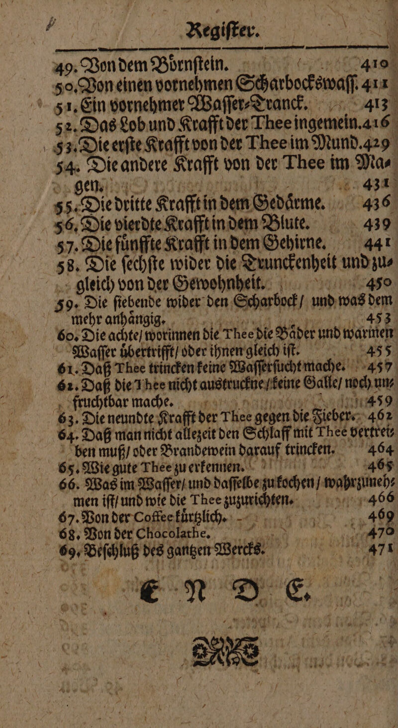 49. 40. Von dem Börnſtein. 1505 30. Von einen vornehmen Sharbecsnafts a 51. Ein vornehmer Waſſer⸗Tranck. 413 \ 52. Das Lob und Krafft der Thee ingemein. 416 33. Die erſte Krafft von der Thee im Mund. 429 0 Ba andere Krafft von Pre Theei im „ Ma⸗ 431° 155 35. Die dritte Krafft in dem Bm in 99486 56. Die dierdte Krafftin dem Blute. 439 7. Die fünffte Krafft in dem Gehirne. 441 58. Die ſechſte wider die Trunckenheit und zu⸗ gleich von der Gewohnheit. e 39. Die fiebende wider den Scharbock / und was he mehr anhaͤngig. 453 60. Die achte / worinnen die Thee die Bäder und warten Waſſer uͤbertrifft / oder ee 14 455 61. Daß Thee trincken keine Waſſerſucht mache. 457 61. m die Yhee nicht austruckue ſkeine Galle / noch un⸗ fruchtbar mache. 4459 63. Die neundte Krafft der Thee gegen die Fieber 462 64 Daß man nicht allezeit den Schlaff mit Thee vertret⸗ been muß / oder Brandewein darauf! trincken. 464 | 65. Wie gute Thee zu erkenne. 465 66. Was im Waſſer / und daſſelbe zutochen / ae N ir r iſt/ und wie die Thee zuzurichten. N 5 1 1 5 der Coffee kuͤrtzlic t. = 369 68. Von der Chocolathe. N 70 e ai Hazen Bere RL e, 1