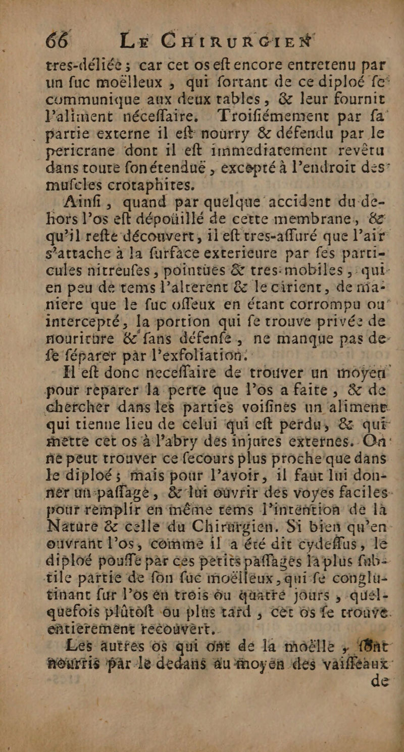 tres-déliée ; car cet oseftencore entretenu par un fuc moëlleux ; qui forranc de ce diploé fe’ communique aux deux tables, &amp; leur fournit l'aliment néceffaire, Troifiémement par fa . partie externe il eft-nourry &amp; défendu par le pericrane donc 1l eft 1mmedrarement revêtu dans coute fonétendué , excepté à l’endroit des’ mufcles croraphites. | . Ainfi, quand par quelque accident du de- hoïs l’os eft dépoüillé de certe membrane, &amp;z qu’il refte découvert, 1left cres-affuré que l’air s'attache à la furface exterieure par fes parti= cules nitreufes , pointues &amp; tres:mobiles ,: qui: en peu dé temis l’alrerenc &amp; le cirient, de rma- niere que le fuc uffeux en étant corrompu ou’ intércepré, la portion qui fe trouve privée de nouricure &amp;'fans défenfé, ne manque pas de- fe féparer par l’exfoliation. H eft donc neceflaire de trouver un moÿen pour reparer la perte que l’os a faite, &amp; de chercher dans les parties voifinés un alimene: qui tienne lieu de celui qui eft perdu, &amp; qui mètre cet o$ à l’abry dés injures externes. Oa: ñé peut trouvér ce fecours plus proche'que dans Je diploé ; maïs pour l’avoir, 11 faut lui don- nér un-paflage, &amp; dut ouvrir des voyes faciles. pour remplir en même réms l’inréntion de 1à Natare &amp; celle du Chirürgien. Si bien qu’en ouvrant l'os, Comme il a éré dit cydeflus, le diploé pouffe par ces petits paflages la plus fub: tile partie de fon fue moëlleux ,quife conglu- tinanc fur l’ôs én trois ou quatré jours , quel: quefois plütoft ou plus tard , cèt os fe cronve. eñtierément recouvert. | Lés autres os qui ont dé la moëlle ; 48ht- nourris par le dedans du moyen des D. =