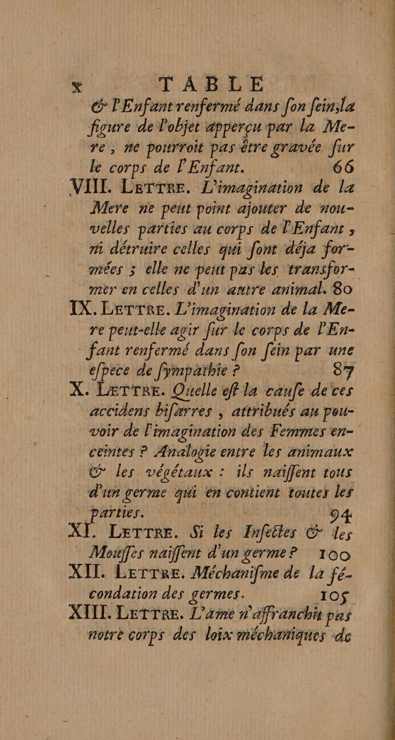 @ PEnfantrenfermé dans [on fein;la figure de. Pobjet apperçu par la Me- Tes mn portrroit pas être gravée fur le corps de l'Enfant. | 66 VIIL. LeTrre. L’imaginarion de lz Mere ne PenE point ajouter de nou- velles parties au corps de l'Enfant , mi détruire celles qui font déja for- nées 5 elle ne peut pas les transfor- IX. LETTRE. L'imagination de la Me- re peut-elle avir fur le corps de l'Eu- fant renfermé dans [on fein par une efpece de fympathie ? 7 X. LETTRE. Quelle eff la caufe detes acciäens bi ifærres , attribués an pou- voir de l'imagination des Femmres en- ceïntes ? Analotie entre les animaux @ les végétaux : ils naïffent tous d'in germe qui cr contient toutes les parties. 94 XI LETTRE. S les Inféles € les Moules naiffent d'un germe? 100 XIT. LerrTre. Méchanifme de la fé- condation des germes. 10$ notre corps des loix méchañiques de