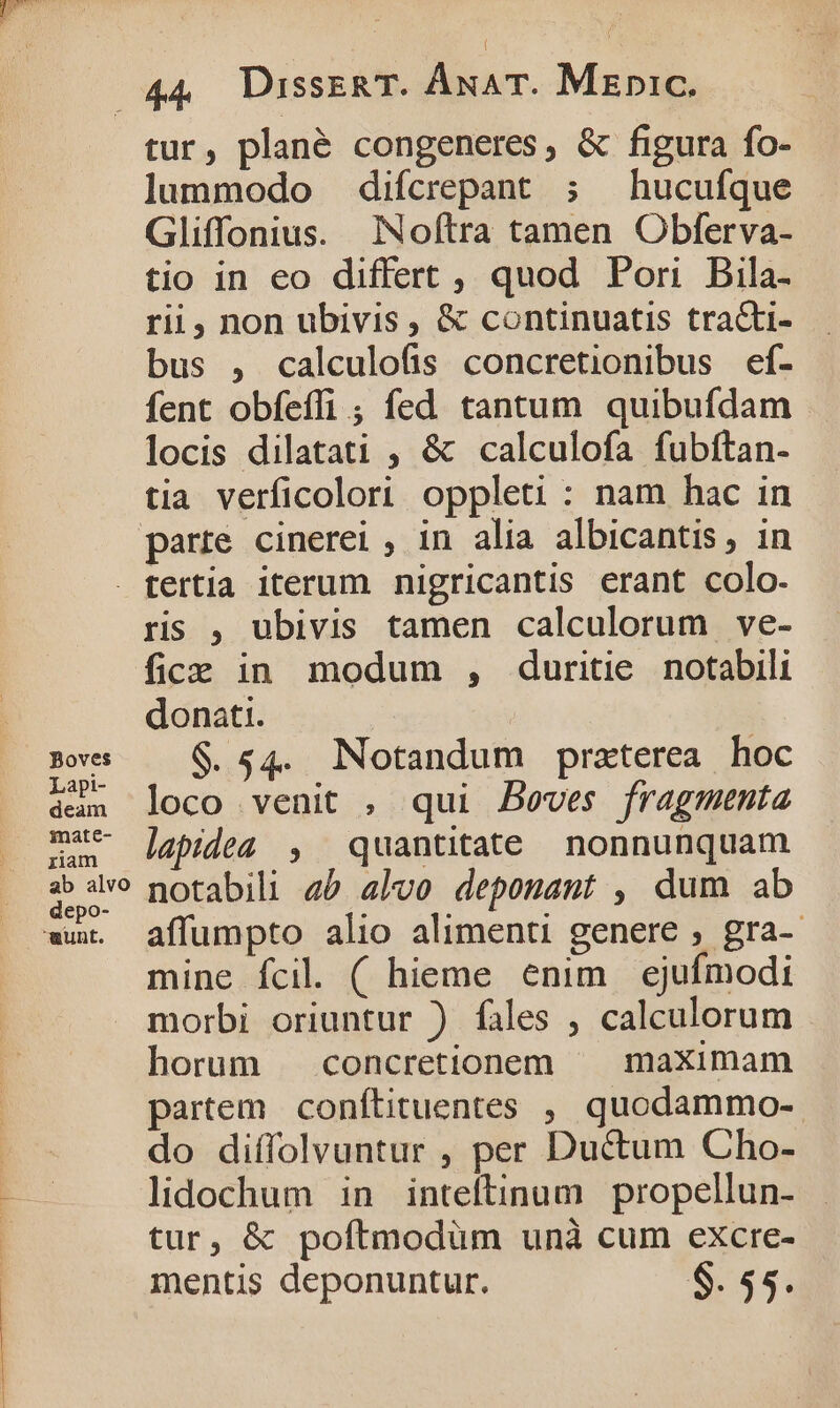 tur, plané congeneres, &amp; figura fo- lummodo difcrepant ; hucufque Gliffonius. INoftra tamen Obferva- tio in eo differt , quod Pori Bila- rii, non ubivis , &amp; continuatis tracti- bus , calculofis concretionibus ef- fent obfeffi ; fed tantum quibufdam locis dilatati , &amp; calculofa fubftan- tia verficolori oppleti : nam hac in Boves Lapi- deam imate- riam ab alvo depo- ris , ubivis tamen calculorum ve- fice in modum , duritie notabili donati. | $.5$4. Notandum praterea hoc loco venit , qui Boves fragmenta lapides , quantitate nonnunquam notabili 45 alvo deponant , dum ab affumpto alio alimenti genere , gra-- mine fcil. ( hieme enim ejufmodi morbi oriuntur ) files , calculorum horum —concretionem maXimam partem conítituentes , quodammo- do diffolvuntur , per Ductum Cho- lidochum in inteftinum propellun- tur, &amp; poftmodum unà cum excre- mentis deponuntur. $. $5.