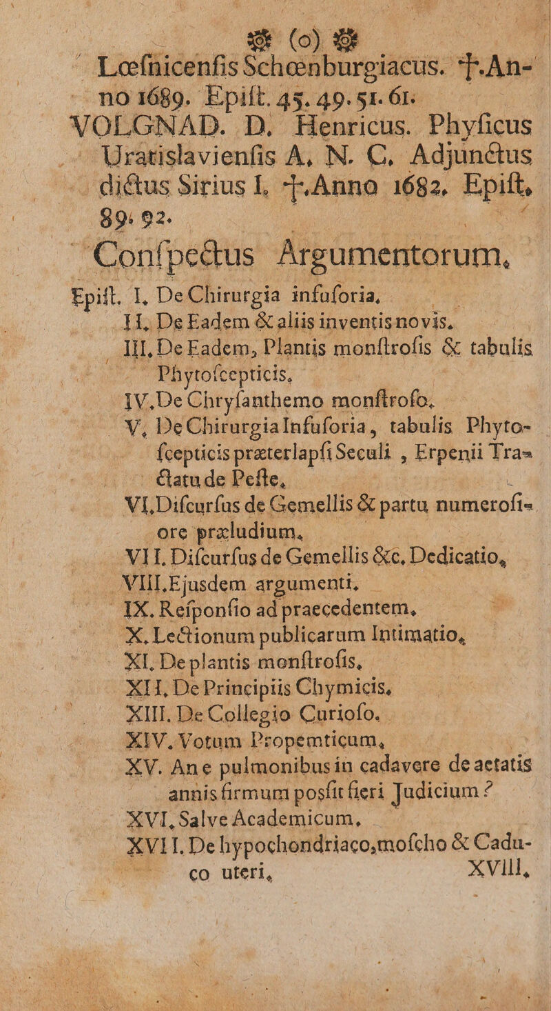 ' Lofüicenfis Scheenburgiacus. *[-Z no1689. Epift.45.49.51.6. VOLGNAD. D. Henricus. Phyficus Uratislavienfis A, N. C. Adjun&amp;us diétus Sirius L, T, Anno 1682, Epit, 89:92. : . Confpcaus Argumentorum, - Fpill. I, De Chirurgia infuforia, | | 1H, De Eadem &amp; aliis inventis novis, Li. De Eadem, Plantis monflrofis &amp; tabulis Phytofcepticis, | Iv. De Chryfanthemo monftrofo, -. Y, DeChirurgiaInfuforia, tabulis Phyto- fcepticis praterlapfiSeculi , Erpenii Tra» (0t €atude Pefle, : VI, Difcurfus de Gemellis &amp; Ar ihre is ore praludium, VIL Difcurfus de Gemellis &amp;c, Dedicatio, VIiL.Ejusdem argumenti, - . IX. Refponfio ad praecedentem, X.Le&amp;ionum publicarum Intimatio, XI. De plantis monflrofis, XH, De Principiis Chymicis, XIII. De Collegio Curiofo. . XIV, Votum Propemticam, XV. Ane pulmonibus in cadavere de aetatis annis firmum posfit fieri Jadicium: ? XVI, Salve Academicum, XVI I. De hypochondriaco,mofcho &amp; Cadu- WE co uteri, AVIS