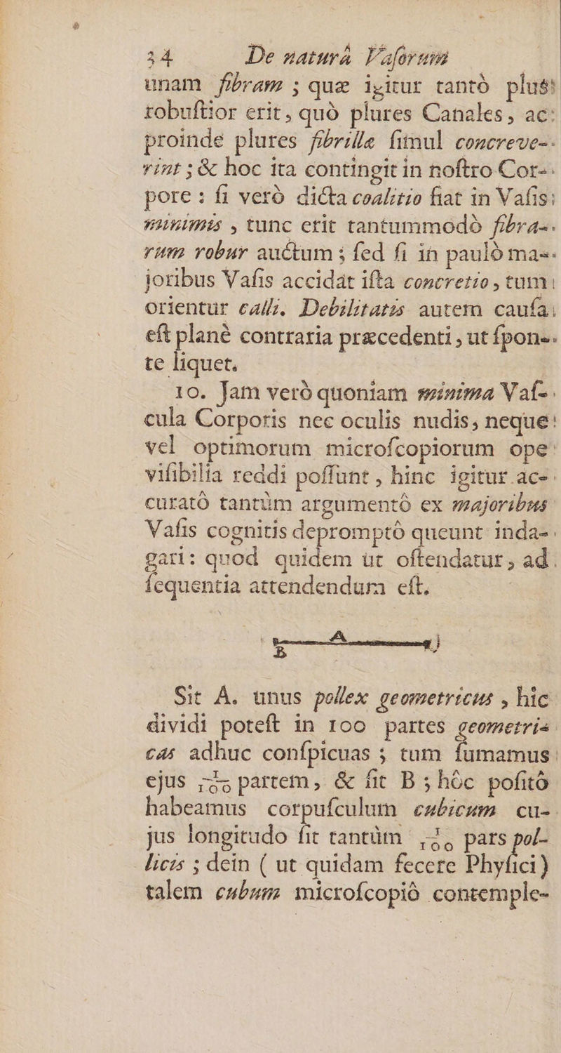 unam fWbram; que igitur tantó plut* tobuftior erit, quó plures Canales, ac: proinde plures f/rile fimul comcreve-- viz ; & hoc ita contingit in noftro Cor-- pore : fi veró. dicta coalitio fiat in Vafis: WiHtIDIs , tunc erit tantammodoó fizra-. riti robur auctum i fed fi in pauló ma-- .joribus Vafis accidat ifta concretzo , tum: orientur calf. Debilitatzs. autem. caufa; cft plané contraria precedenti , ut fpon-. te liquet. | 10. Jam veró quoniam sezutima V at- cula Corporis nec oculis nudis; neque: vel optimorum tmicrofcopiorum ope vifibilia reddi poffunt , hinc igitur ac». curató tantüm argumentó ex zzajoribss Vafis cognitis depromptó queunt. inda- e quod quidem üt oftendatur, ad. equentia attendendum cft. heme Sit À. unus pollex geometries , hic dividi poteft in 100 partes geometria c4; adhuc confpicuas ; tam fumamus: ejus ;35 partem, & fit B ; hóc pofito habeamus corpufculum ewécwm cu-. jus longitudo fit tantüm | 7, pars br liczs ; dein ( ut quidam fecere Phyfici) talem ceubum microfcopió contemple-