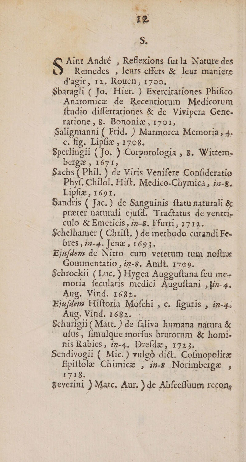 We ig S. €^ Aint André , Reflexions furla Nature des (9 Remedes , leurs effets &amp; leur maniere d'agir, 12. Rouen, 1700. $baragli ( To. Hier. ) Exercitationes Phifico Anatomicz de Recentiorum Medicorum Íftudio diflertationes &amp; de Vivipera Genc- ratione, 8. Bononiz , 1701, Saligmanni ( Frid. ) Marmorca Memoria, 4. c.fig. Lipfiz , 1708. Sperlingii ( Jo. ) Corporologia , 8. Wittem- bergz , 1671, Sachs ( Phil. ) de Viris Venifere Confideratio Phyt. Chilol. Hift. Medico-Chymica , 22-8. Lipfiz, 1691. Sandris ( Jac.) de Sanguinis ftatu naturali &amp; prater naturali ejufd. Tra&amp;atus de yentri- culo &amp; Emeticis , 2-8. Ffurti , 1712. $chelhamer ( Chrift, ) de methodo curandi Fe. bres , 2-4. Jenz , 1693. Ejufídem de Niuo cum veterum tum noflrx Gommentatio , 77-8. Amft. 1709. Schrockii ( Luc.) Hygea Augguftana feu me- moria íecularis medici Auguftani , [/z-4. Aug. Vind. 1682. : Eju[dem Hiftoria Mofchi , c. figuris , i-a. Aug. Vind. 1682. - WE | Schurigii ( Mart. ) de faliva humana natura &amp; ufus, fimulque morfus brutorum &amp; homi- nis Rabies, 7-4. Drefdz, 1725. Sendivogii ( Mic.) vulgó dict. Cofmopolitz Epiftole Chimice , i»-8 Norimbergae , T9196. Severini ) Marc, Aur. ) de Abfceffuum recon;