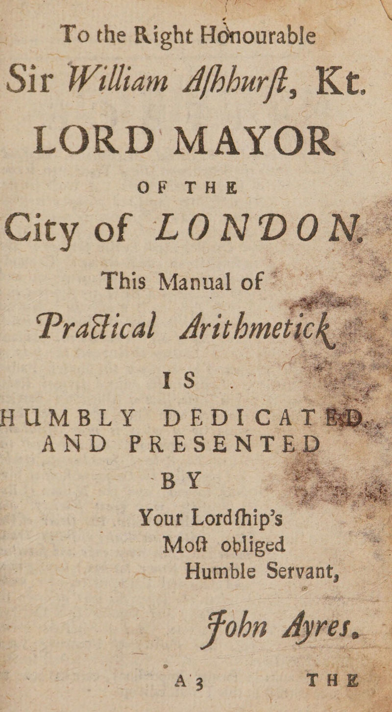 _ To the Right H Suourabl ‘' pit alien a? Kt. ator os City of LONDON P This Manual of : t ms ‘Prattical Arit bmela IS HUMBLY DEDICAT AND PR ESENTED BY 4 a ? es ee Ef Your Lordthip’s a Humble Servant, af ohn Ayres