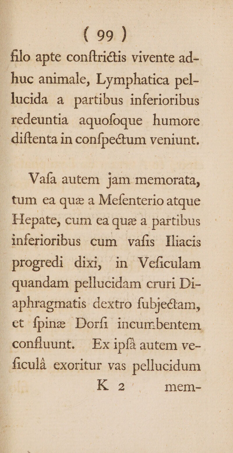 filo apte conítrictis vivente ad- . huc animale, Lymphatica pel- lucida a partibus inferioribus redeuntia aquofoque- humore - diftenta in confpectum veniunt. Vafa autem. jam. memorata, tum ea quz a Mefenterio atque Hepate, cum ea quz a partibus inferioribus cum vafis lliacis progredi dixi, in Veficulam quandam pellucidam cruri Di- aphragmatis dextro fubjectam, ct fpine Dorf incumbentem. confluunt. Exipíà autem ve-- ficulà exoritur vas pellucidum K- 2 mem-
