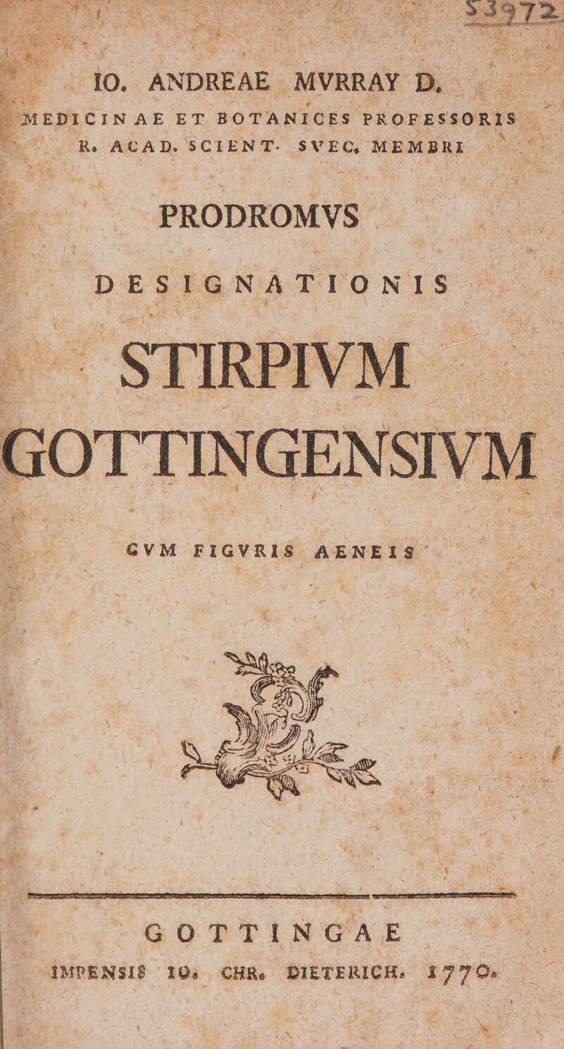 ?* M: ^ dm 1 10. ANDREAE MVRRAY B. Banc. AE ET BOTANICES PRORESSORIS. ! R. ACAD. SCIEN T- SVEC, MEMBRI Tn i CON PRODROMVS- DESIGNATIONIS. E. GVM FIGVRIS AENEIS e E GOTTINGAE . IMPENSIS 10, CHR. DIETERICH. 1770.