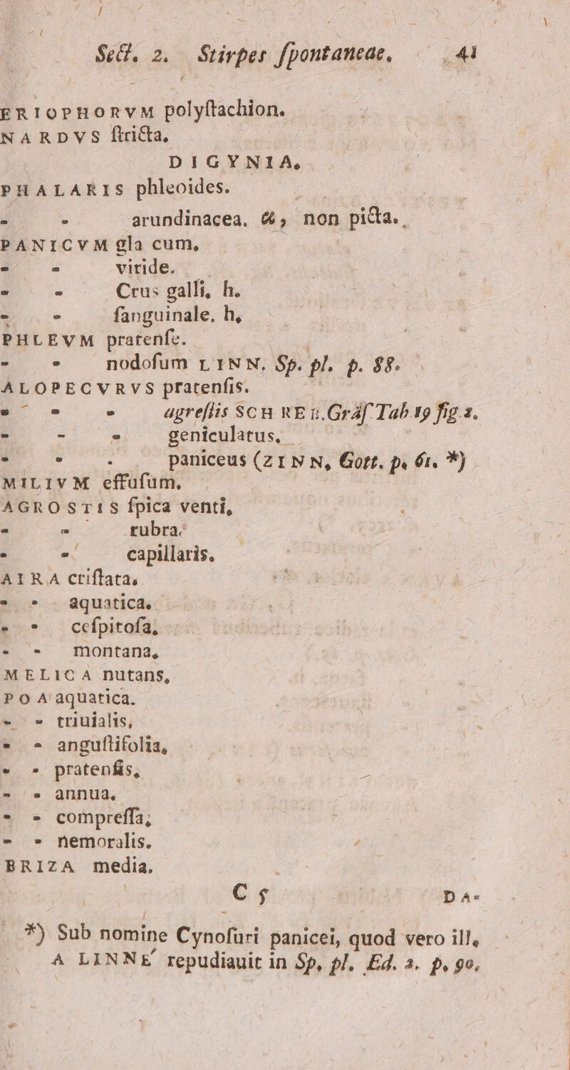 gnioprHonvM polyftachion. NARDVS flrica, DIGYNIA, PHALARIS phleoides. . : arundinacea, &amp;; non pida., PANICVM gla cum, - - viride. 5 Crus galli, h. S ult fanguinale. h, PHLEVM pratenfe. E. nodofum rL INN, $5. p. b. $8. ALOPECVRVS pratenfis. E - agre[fis ScH WE n.Graf. Tab 19 fig. 2. : - . geniculatus, - * » : paniceus (z I N N, Gott. m 6i. *) MILIVM effufum. AGROS T1$ fpica venti, Y s rubra. . - A capillaris. AIRA criflata,  * . aquatica. - * Ccfpitofa, - « montana, MELICA nutans, P O A aquarica. - ^ triuialis, - » anguflifolia, « » pratenfáis, - » annua. - - compreffa, - » nemorilis. BRIZA media, C; iM. Da- *) Sub nomine Cynofüri panicei, hd vero ill, ^ LINNE repudiauit in Sp, 9], Ed. 2. p, go,