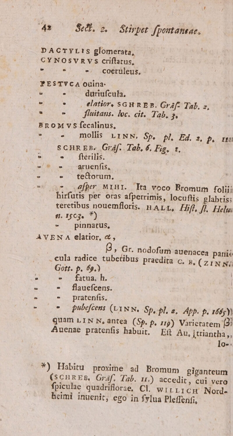 DACTYL!S glomerata, CY NOSVRV S criflatus, z : -. coerüleus,- ^ TESTVCA ouina 3 : duüriufcula, - * elatior» SGHREB. Graf- Tab, s, à - 0 fluitans. loc. cit. Tab, s. BROM V S fecalinus, * . mollis LriNN, Sp. pl. Ed. s, p. orm SCHRER. Gráf. Tab, 6, Fig, r. - . fterilis. 1 -* aruenfis, : » te&amp;orum. | - - fpe MiHI. lta voco Rromum folii; hirfutis per oras afperrimis, locuftis glabtis: teretibus nouemfloris. na LL, Hjf,/L Heu, sg. 1g63. *) a | - pinnatus, AVEN A elatior, 4, » Gr. nodofum auenacea panis . cula radice tubetibus praedita c. », (ziN 7. Gott. p. 69.) [ B E - fatua, h. | x » flauefcens. x - pratenfis. - jubefcens (UN NN, Sp, pl. s, App. p. 16dyy) quam LIN N,antea (Sp. p, rr9) Varietatem 2i Auenae pratenfis habuit, Eft Au, itriantha,, lo-: *) Habitu proxime ad Bromum giganteum (scnnEsB, Gráf, dab. 11) accedit, cui vero fpiculae quadriflorae, Cl. wirricg Nord- beimi inuenit, ego in fylua Pleffenfi,