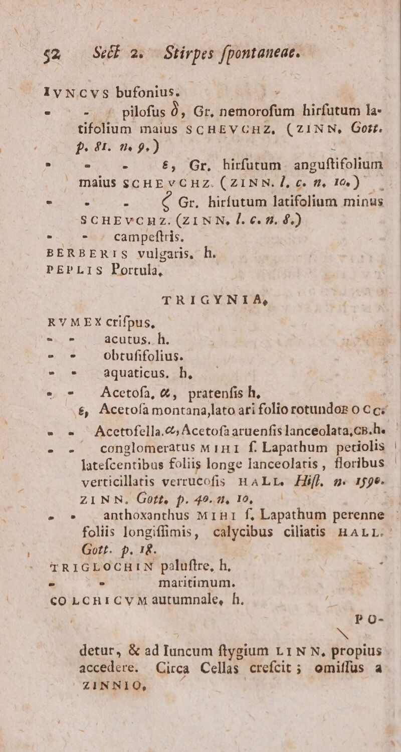 IvNCVS bufonius. : | -  - : pilofus à ; Gr, nemorofum hirfutum la- tifolium imaius SCHEVCHZ, (ZINN, Gott. p.41. 0 9.) . T - £, Gr, hirfutum. anguftifolium maius SCHEvCHZ. (ZINN.7], c. f, 1.) - - - d Gr. hirfutum latifolium minus SCHEVCHZ.(ZINN, l. c. n. 6.) - -* . campeftris. BERBEmRrIS vulgaris, h. PEPLIS Portula, TRIGYNIA, RVMEX crifpus, - - acutus. h. - * Obtufifolius. - *» aQquaticus. h, «. * Acetofa, &amp;, pratenfis h, » e». Acetofella.&amp; Acetofa aruenfis lanceolata,cB.h« - - conglomeratus M1n1 f. Lapathum petiolis latefcentibus foliis longe lanceolatis, floribus verticilatis verrucofis HALrL. Hifl m. 15e. ZINN, Goft, p. 49.11, 10, ». » anthoxanthus Min1 f, Lapathum perenne Gott. p. 18. TRIGLOCHIN paluftre, h, m. N . maritimum. co LcnHnicvyM autumnale, h. PO- hA detur, &amp; ad Iuncum ftygium L1 N N, propius accedere. Circa Cellas crefcit ; omiffus a ZINNIO,