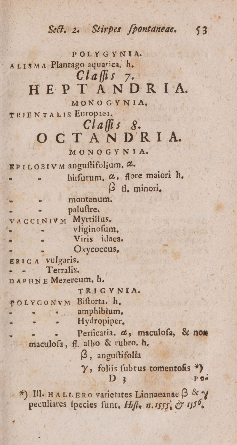 POLY GYNIA. ALISMA Plantago aquarica, h, Chaos 7.3 HEPTANDR IA. MONOGYNIA, ThIEN TALIS Europaea. Claffs 8. | OCTANDRI A. MONOGYNIA, EPILOBIVM anguftifoljum, a. - - hirfutum, &amp;, flote maiori h, fl, minori, j- * montanum. - E paluftre. vaAcciNiVvM Myrtillus. E : vliginofum, *- « ^ . Mitis idaea. . E Oxycoccus, - ERICA Vulgaris. - 7 Tetralix. pAPHNE Mezereum, h. TRIGYNIA: PoLvGoNvM Biftorta, h, - : . .. amphibium, Eu . Hydropiper, | : d ^ Perficaria. &amp;, maculofa, &amp; no» maculofa, fl. albo &amp; rubro. h.. - Q , anguftifolia 'Y » foliis fubtus tomentofis 3) D 3 £ P 9s ; *) Ill. H4 LLERoO varietates Linnaeanac t &amp; y peculiares fpecies funt, Hif, a.2555, Co, i16,