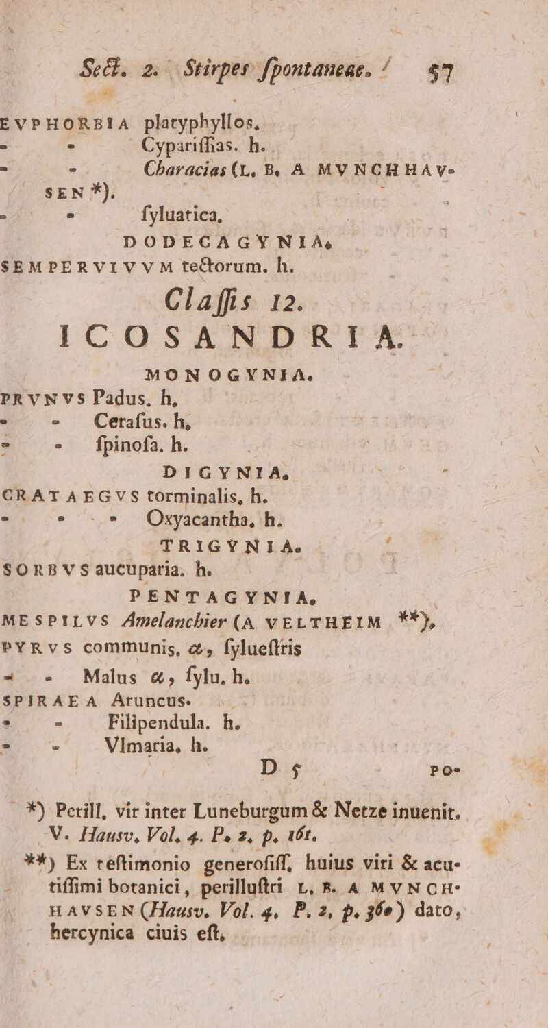 pex s SH De f Ow. EVPHORBIA pleesolott O5, - E ' Cyparifhas. h.. - - Cbaracias (L, 8» A MV NCHHA V» SEN *). : ; ^ fyluatica, DODECAGYNIA, SEMPERVIVVM tectorum. h. Claffis 12. ICOSANDRIA. MONOGYNIA. PRVNVS Padus, h, : » Cerafus. h, - - Ífpinofa. h. DIGYNIA, | 4 CRATAEGVS torminalis, h. -. ^ -.* Onmyacantha, h. TRIGYNIA. 4 SORBV S aucuparia. h. PENTAGYNTA, ' MESPILVS Armelaucbier (A vELTHEIM. **), PYRvS communis, &amp;; fyluefltis - . Malus &amp;, fylu, h. SPIRAEA ÁAruncus . - Filipendula. h. - Vlmaria, h. D; PO» . X) Perill, vir intet Luneburgum &amp; Netze i inuenit, V. Hausv, Vol, 4. P. 2, p. 16t. **) Ex teftimonio generofiff, huius viri &amp; acu- - tiffimi botanici, perilluftri t, 5. 4A MvNoCcn- HAVSEN (Hause. Vol.4, P. 2, p. 36e) dato, hercynica ciuis eft,