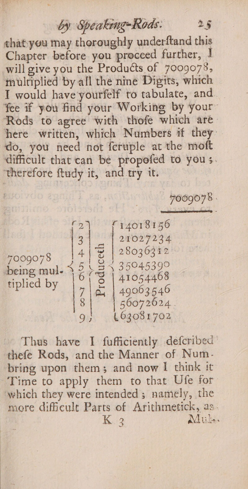 that:you may thoroughly underftand this Chapter before you proceed further, ! will give you the Products of 7009078, multiplied by all the nine Digits, which I would have‘yourfelf to tabulate, and. fee if you find your Working by your” Rods to agree with thofe which are- here written, which Numbers if they. do, you need not feruple at the moft ‘difficult that can be propefed to yous. therefore ftudy it, and try it. 7009078. : 14018156 27027234 2 3 E yoogo78 1!) &amp; | oh isi being mul. > 2 L354 35045399 7 8 a Produceth | tiplied by Thus have 1 fufficiently defcribed™ thefe Rods, and the Manner of Num. bring upon them; and now I think it Time to apply them to that Ufe for which they were intended; namely, the more difficult Parts of Arithmetick, as- K 2 Mus