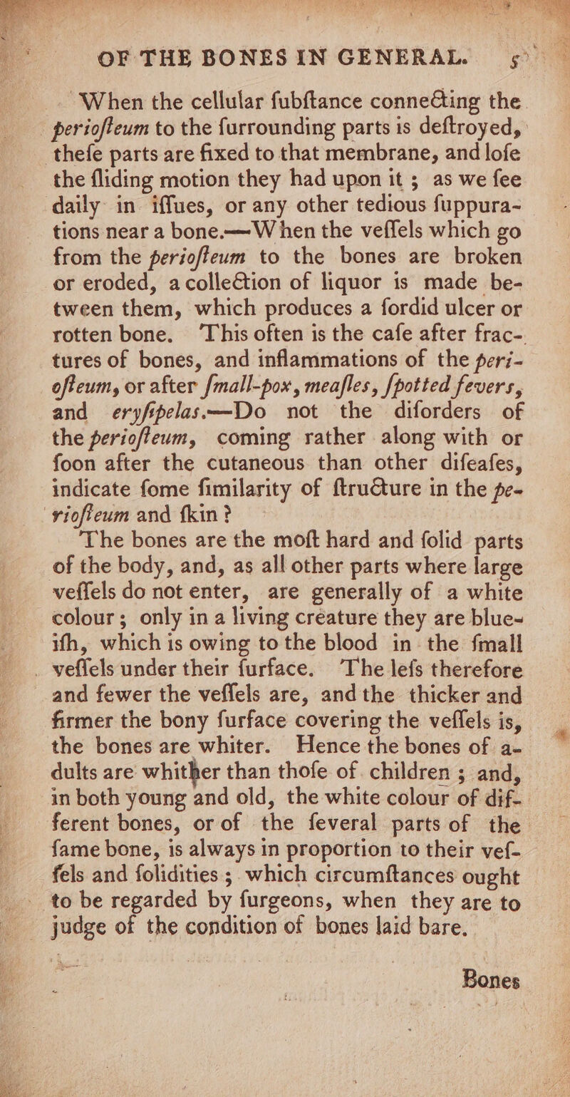 Reg ru oS ee Bail Th ahs, a oy eee “a $ . hn WE Bh OF THE BONESIN GENERAL. 5 _ When the cellular fubftance conne€ting the periofteum to the furrounding parts is deftroyed, thefe parts are fixed to that membrane, and lofe the fliding motion they had upon it ; as we fee daily in iffues, or any other tedious fuppura- tions near a bone.—W hen the veffels which go from the perioffeum to the bones are broken or eroded, acolletion of liquor is made be- tween them, which produces a fordid ulcer or rotten bone. ‘This often is the cafe after frac-. tures of bones, and inflammations of the peri- ofteum, or after fmall-pox, meafles, {potted fevers, and eryfipelas—Do not the diforders of the periofleum, coming rather along with or foon after the cutaneous than other difeafes, indicate fome fimilarity of {truQture in the pe- viofieum and fkin? The bones are the moft hard and folid parts of the body, and, as all other parts where large veffels do not enter, are generally of a white colour; only in a living creature they are blue- ifh, which is owing to the blood in the fmall . veflels under their furface. The lefs therefore and fewer the veffels are, andthe thicker and firmer the bony furface covering the veffels is, the bones are whiter. Hence the bones of a- dults are whither than thofe of children ; and, in both young and old, the white colour of dif- ferent bones, or of the feveral parts of the fame bone, is always in proportion to their vef- fels and folidities ;. which circumftances ought to be regarded by furgeons, when they are to judge of the condition of bones laid bare. Bones