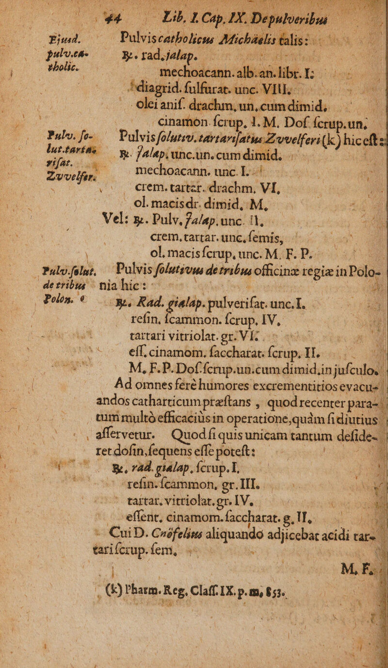 : ES , falis vaioliems Mecha nea pus Y. rad. pei En PA. den ede yes | me cie unc. pom: : ES -oleianif. drachm, ud dertiinids T ao. | X . cinamen fcrup. 1. M. Dof. — ; Pulv. deus C Bayie folutiv. tartari|atua Zvvelferi MA hice dts uU luttirils ^ yy i alap, ghcdiri-cion dimid t.  e vijat. . - mechoacann. unc. L - T. Zvvelfer. ! .^ . crem.tartzr. drachm, is 1 D |  ol. macisdr.dimid, M, - x Y Vel: x.. Pulv, f4/4p. unc. !l, crem, tartar. unc, ipsis : | : ol. macisfcrup, unc. M. F. P. | Tulofely, — Pulvis folutivus de tribus officinz regiz in Polo- 3 derribus - nia hic : 9 N'et : um (Polos, 3s Rad. ialap. pulvetifae AE | - tefin, [3 cammon. fcrup. Iv. E | cur iu tartari vitriolat. gr. VI. . | p n ^**. effcinamom, faccharat. cen IL: Ei - EICS yn que 3E M, F. P. Dof fcrup.un.cum dimid,in S Ad omnes féré humores excrementitios evacue i andos catharticumpraftans , quod recenter paras. tummultó efficaciüsin operatione,quàm fidiutius | . affervetur..— Quod fi quis unicam tantum defide- | retdofin.fequenseffepoteft: — E Neo €. vad. gialap, ícrup. T, pug [ | | ^refin.Ícammon, ee lli osos AUi tatarviriohrgnlV. — 5 4 d effent, cinamom.faccharat.g,lT, —.— | - CuiD. Vir os aliquando vid acidi tare 3 dic. fem, : . m AUR T M, Ej