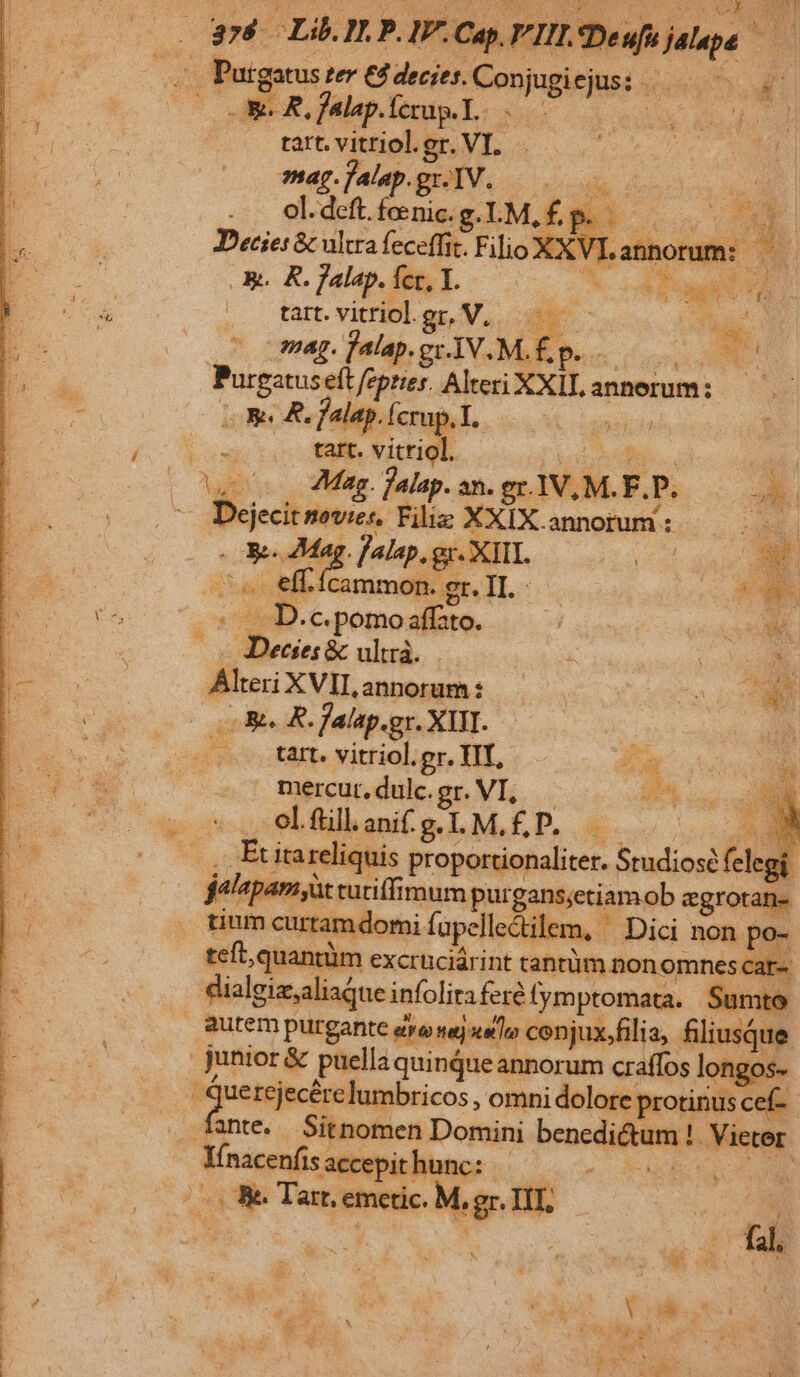 EX T | i 376. Lib. I.P. IV Cap. VIL. Deufojalapa — ( Putgatus ter €4 decies. Conjugiejus: EAT VR RW. R, falap. ferap. L. sob in EO (^ tetvmnolerVL 2000 4 ag. falap. gr-IV. Corde dion cio. ie . . ol.deft. fenic. BLMÉE&amp; Decies &amp; ultra feceffit. Filio XXVI annor Rt. R. falap. fct, T. E . tart. vitriol. gr, V... [. ag. falap. gr. IV. M.f Bus iori Purgatuseft fepties. Alteri XXII annorum: so RUMP EY falap. (crup, T. Á ia di | | do i tart. vitridl 1 TE (Og Mes fale an ee TVUM.E.PS 0e ^ Dejecitnovies, Filiz XXIX.annorum: — . i5 . X. Mag. f4lap. gr. XIII. (od E: | Sect: cammon.gr.I]L CoPC ERN 7 0. 7 D.c.pomoaffato. ! doy cH SOME — c Decies&amp; ultrà.. LEER aree e MN AlteriXVILannorum: — Ponce p E (ors R. falap.gr. XII. T ' . tat. vitriol.gr. TIT, Lc MEROR OM mercur,dulc.gr. VI, — re * ,e:fülanifg.LM.£ P. |. | , 5. AN .. Etitareliquis proportionaliter. Studiosé felegi | jelepam üt cutiffimum purgans;etiamob egrotan- tium curtamdomi fapelle&amp;ilem, | Dici non po- teft, quantüm excruciárint tantüm nonomnescar- dialgiz,aliaque infolitaferé fym ptomata. Sumto autempurgante eros) «slo conjux,filia, filiusque junior &amp; puella quináue annorum craffos longos- d querejecérelumbricos ; omni dolore protinus cef-  Vd Sitnomen Domini benedictum !. Vieter. Yínacenfis accepit hunc: NONE qu (Be Tart emetic. M, gr. TET, a E Av ——— B EPPRTPPRTM ^ d