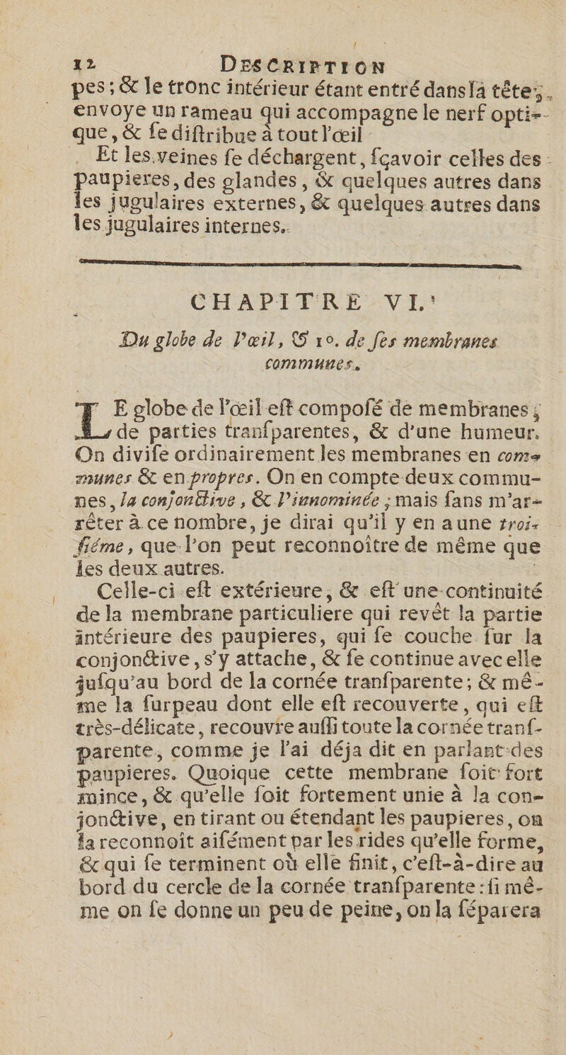 pes: &amp; le tronc intérieur étant entré dansla tête . EnVOYE un rameau qui accompagne le nerf opti-- que, &amp; fe diftribue à tout l'œil - . Et les.veines fe déchargent, fcavoir celtes des : paupieres, des glandes, &amp; quelques autres dans les jugulaires externes, &amp; quelques autres dans les jugulaires internes. | CHAPITRE VL: Du globe de Pœil, S 10. de fes membranes communes,  E globe de l'œil eff compofé de membranes ; de parties tranfparentes, &amp; d’une humeur. On divife ordinairement les membranes en coms. munes &amp; en propres. On en compte deux commu- nes, /4 conjonttive , &amp; l’innominée ; mais fans m'ar- rèter à ce nombre, je dirai qu’il y en aune #roi- fiéme, que: l’on peut reconnoître de même que les deux autres. Celle-ci eft extérieure, &amp; eft'une-continuité de la membrane particuliere qui revèt la partie intérieure des paupieres, qui fe couche fur la conjonctive , s’y attache, &amp; fe continue avecelle jufqu’au bord de la cornée tranfparente; &amp; mê- me la furpeau dont elle eft recouverte, qui eÆ très-délicate, recouvre aufli toute la cornée tranf- parente, comme je l'ai déja dit en parlant-des paupieres. Quoique cette membrane foit fort snince, &amp; qu’elle foit fortement unie à la con- jonétive, en tirant ou étendant les paupieres, on la reconnoît aifément par les rides qu’elle forme, &amp; qui fe terminent où elle finit, c’eft-ä-dire au bord du cercle de la cornée tranfparente : fi mê- me on fe donne un peu de peine, on la féparera