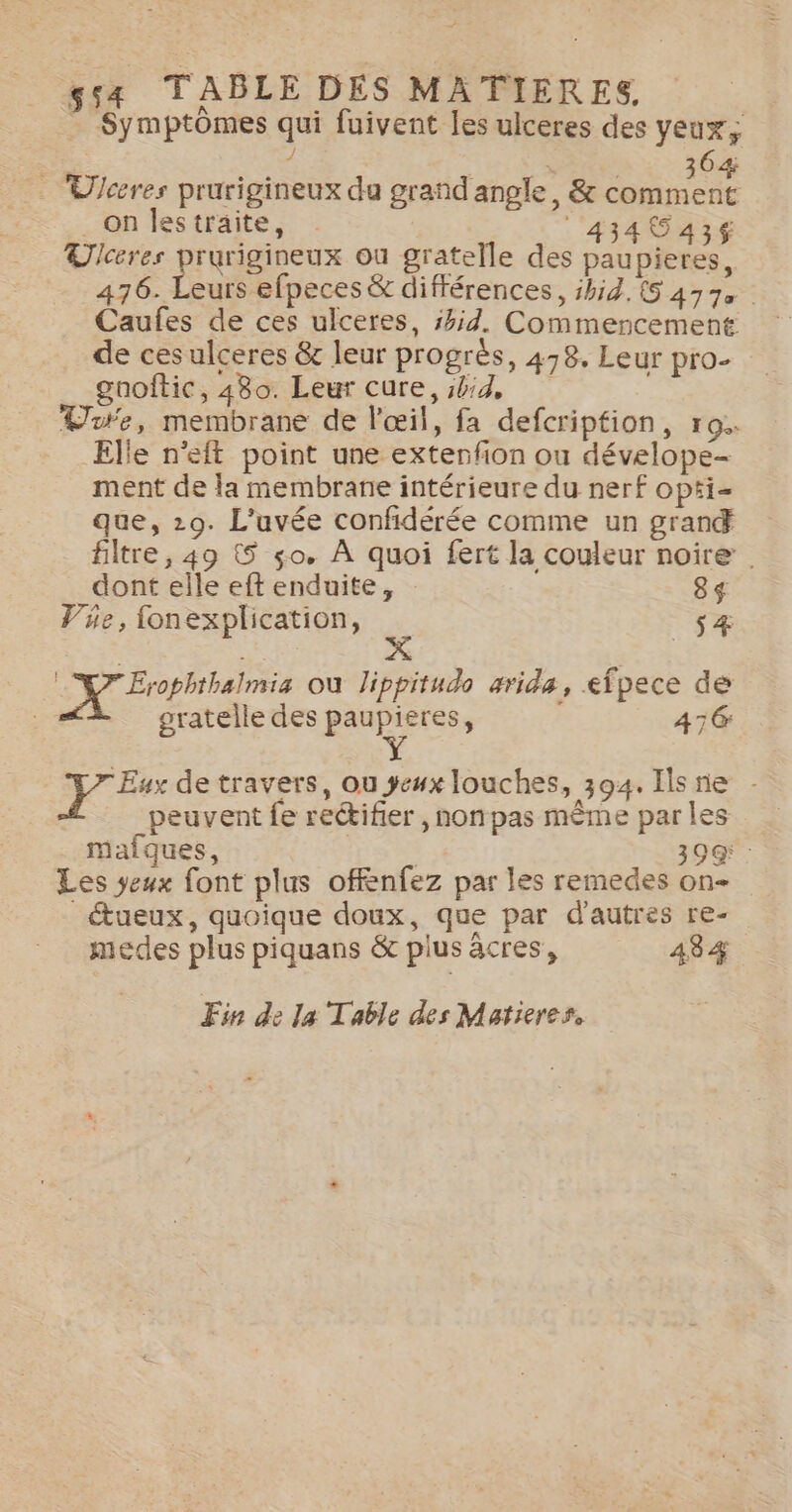 54 TABLE DES MATIERES, . Symptômes qui fuivent les ulceres des yeux, J 3 6: … Uceres prurigineux du grand angle, & Led on lestraite, 434643 Tlceres prurigineux ou gratelle des paupieres, 476. Leurs efpeces & différences, ibid. {5 477 Caufes de ces ulceres, ihid. Commencement de cesulceres & leur progrès, 48. Leur pro- gnoftic, 480. Leur cure, 54;4, Vure, membrane de l'œil, fa defcription, ro. Elie n’eft point une exterfion ou dévelope- ment de la membrane intérieure du nerf opi- que, 29. L'uvée confidérée comme un grand filtre, 49 © 50. À quoi fert la couleur noire . dont elle eft enduite, 85 Vie, fonexplication, s& NV Erophthaimis ou Jippitudo arida, efpece de gratelle des paupisres, 476 Y Eux de travers, ou eux louches, 394. Ils ne - peuvent fe rectifier ,nonpas même parles mafques, | | 390; : Les eux font plus offénfez par les remedes on- _étueux, quoique doux, que par d'autres re- medes plus piquans & plus âcres, 484 Fin de la Table des Matieres.