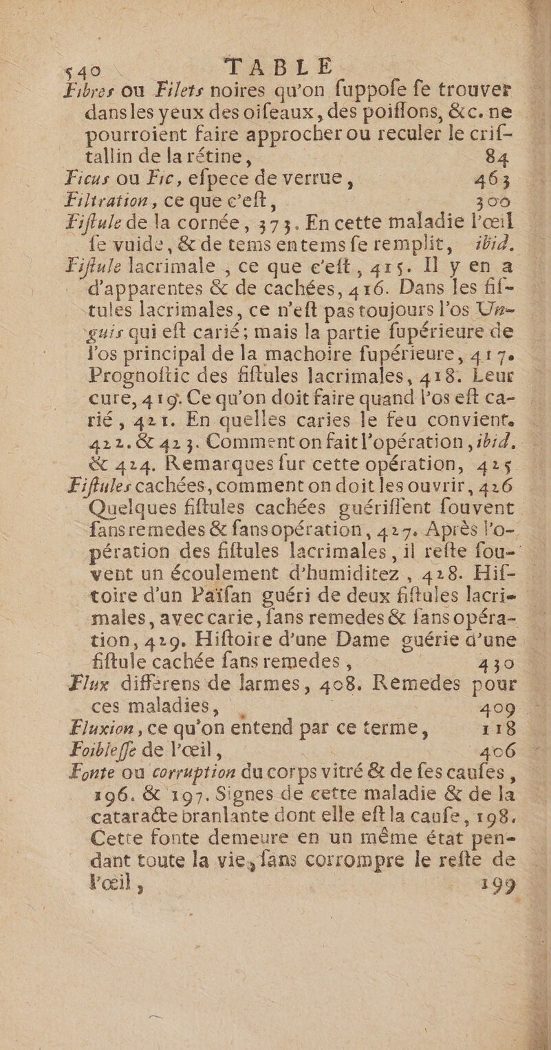s40 TABLE Fibres où Filets noires qu’on fuppofe fe trouver dansles yeux des oifeaux, des poiflons, &amp;c.ne pourroient faire approcher ou reculer le crif- tallin de larétine, 84 Ficus où Fic, efpece de verrue, 463 Filtration, ce que c’eft, 300 Fiftule de la cornée, 373. En cette maladie l’œil fe vuide, &amp; de temsentemsferemplit, id. Fiftule lacrimale , ce que c’eft, 415. Il y en a … d’apparentes &amp; de cachées, 416. Dans les fif- tules lacrimales, ce n’eft pas toujours l’os Ux- guis qui eft carié; mais la partie fupérieure de los principal de la machoiïre fupérieure, 41 7e Prognoltic des fiftules lacrimales, 418. Leur cure, 419. Ce qu’on doit faire quand l’os eft ca- rié , 421. En quelles caries le feu convient. 422. &amp; 423. Commentonfaitl’opération, ibid, Fiflules cachées, comment on doit les ouvrir, 426 vent un écoulement d’humiditez , 428. Hif- fiftule cachée fans remedes, 430 à Flux différens de larmes, 408. Remedes pour ces maladies, | 409 Fluxion, ce qu'on entend par ce terme, 118 Foibleffe de l'œil, | 406 Fonte ou corruption du corps vitré &amp; de fes caufes, 196. &amp; 197. Signes de cetre maladie &amp; de la cataracte branlante dont elle eft la caufe, 198, Cette fonte demeure en un même état pen- dant toute la vie, fans corrompre le refte de